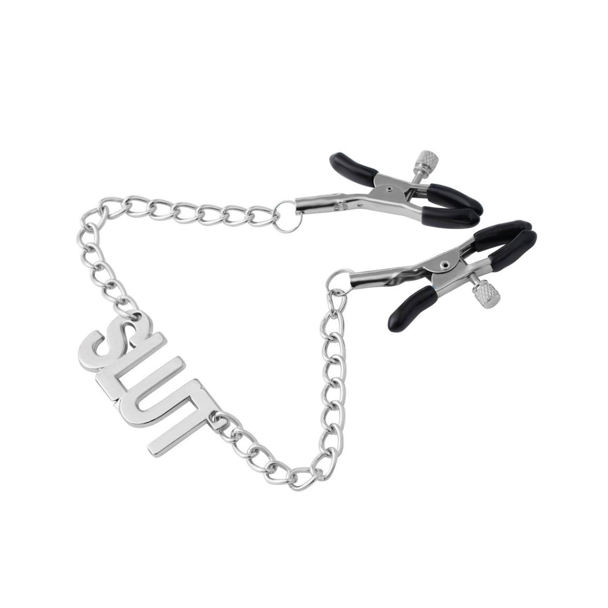 Metal metallic rubber chain accessories nipple nipple-clamps rubber-tipped screw-clamps adjustable name-plate statement-plate hanging-chain suspended shiny glossy high-polish mirror-shine comfortable fetish fashion alt-fashion alternative bedroom dungeon bondage bdsm bdsm-toys kink kinky kinky-play nipple-play nipple-toys sensory-play pain pinch pressure unisex adult-toys silver slut 