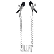 Metal metallic rubber chain accessories nipple nipple-clamps rubber-tipped screw-clamps adjustable name-plate statement-plate hanging-chain suspended shiny glossy high-polish mirror-shine comfortable fetish fashion alt-fashion alternative bedroom dungeon bondage bdsm bdsm-toys kink kinky kinky-play nipple-play nipple-toys sensory-play pain pinch pressure unisex adult-toys silver slut 