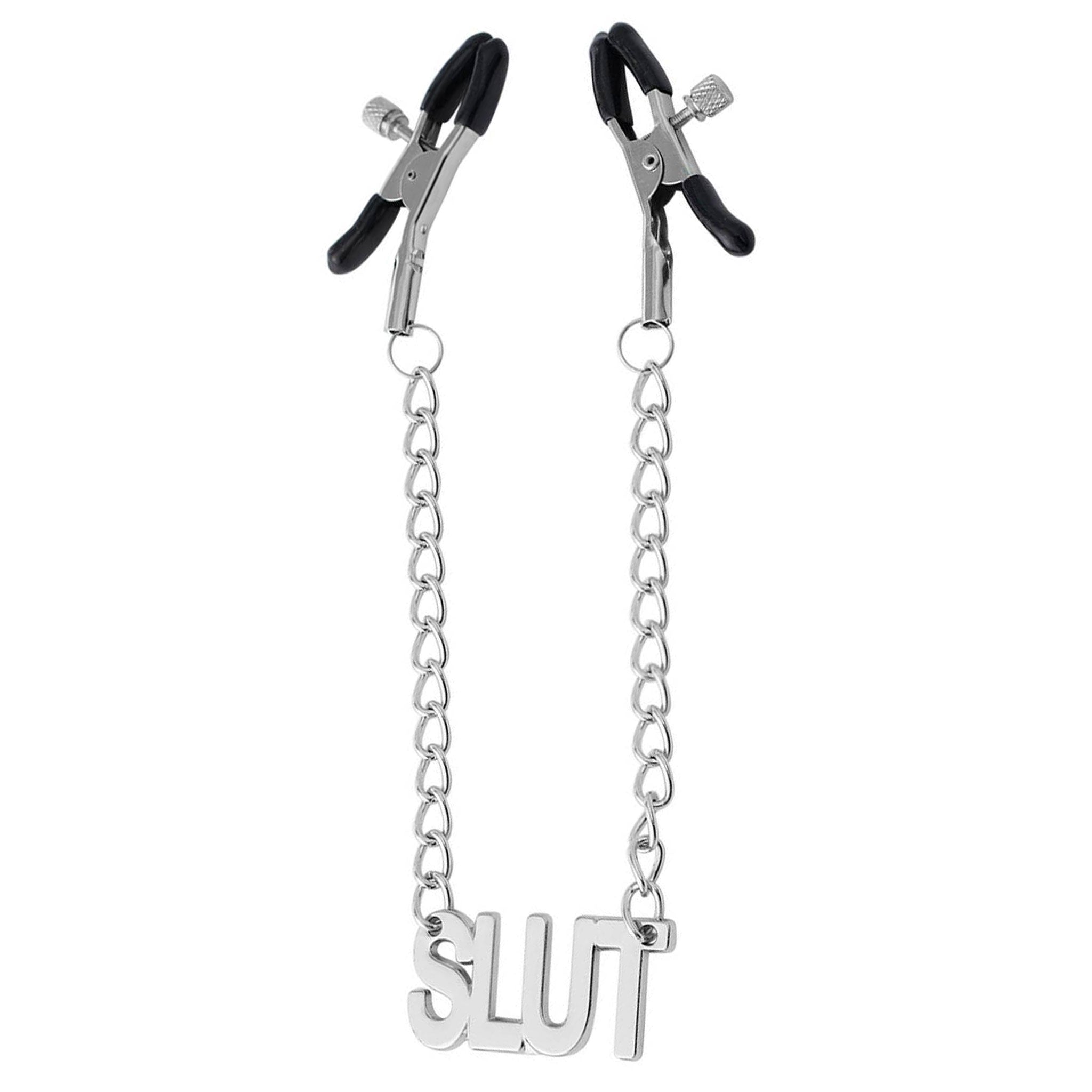 Metal metallic rubber chain accessories nipple nipple-clamps rubber-tipped screw-clamps adjustable name-plate statement-plate hanging-chain suspended shiny glossy high-polish mirror-shine comfortable fetish fashion alt-fashion alternative bedroom dungeon bondage bdsm bdsm-toys kink kinky kinky-play nipple-play nipple-toys sensory-play pain pinch pressure unisex adult-toys silver slut 