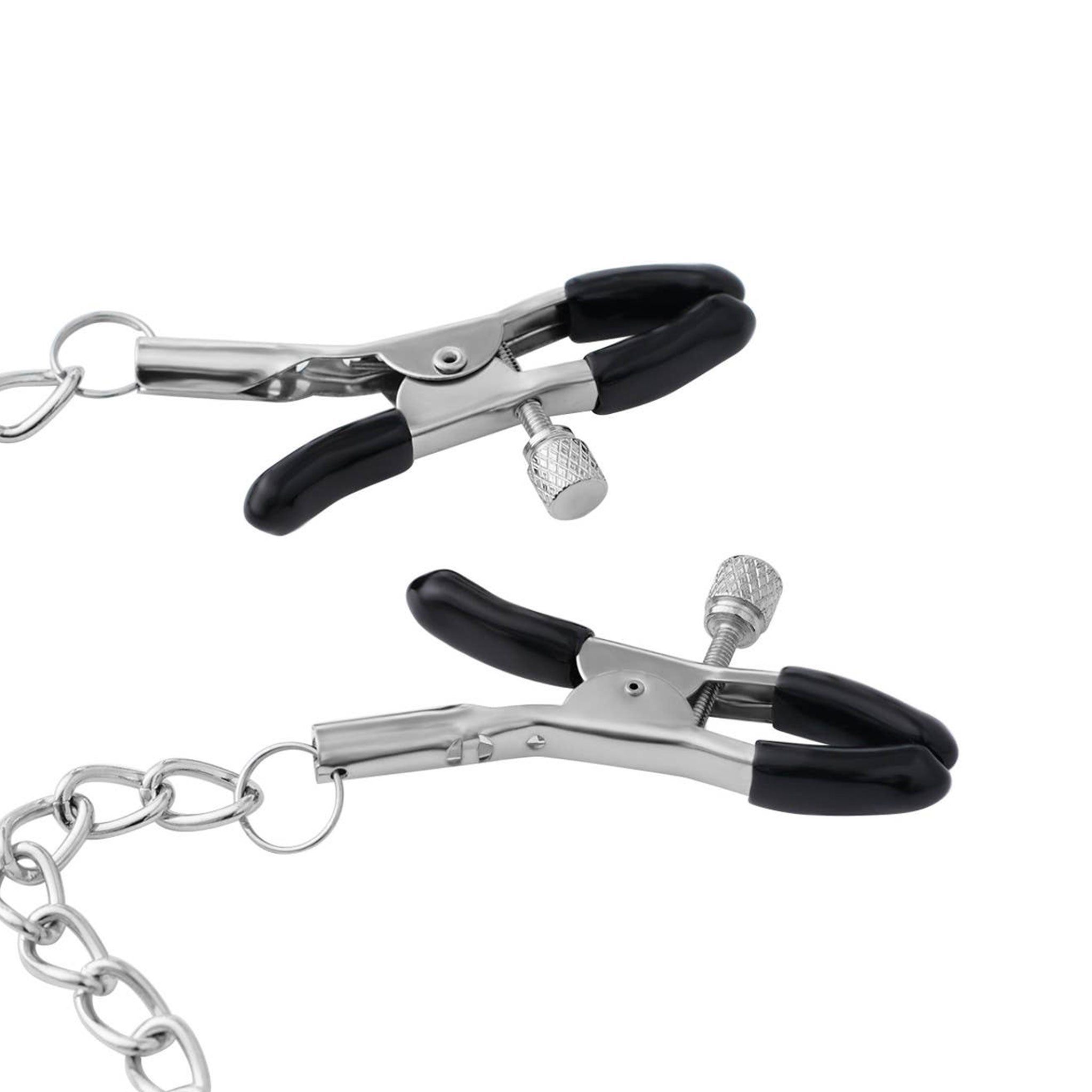 Metal metallic rubber chain accessories nipple nipple-clamps rubber-tipped screw-clamps adjustable name-plate statement-plate hanging-chain suspended shiny glossy high-polish mirror-shine comfortable fetish fashion alt-fashion alternative bedroom dungeon bondage bdsm bdsm-toys kink kinky kinky-play nipple-play nipple-toys sensory-play pain pinch pressure unisex adult-toys silver slut 