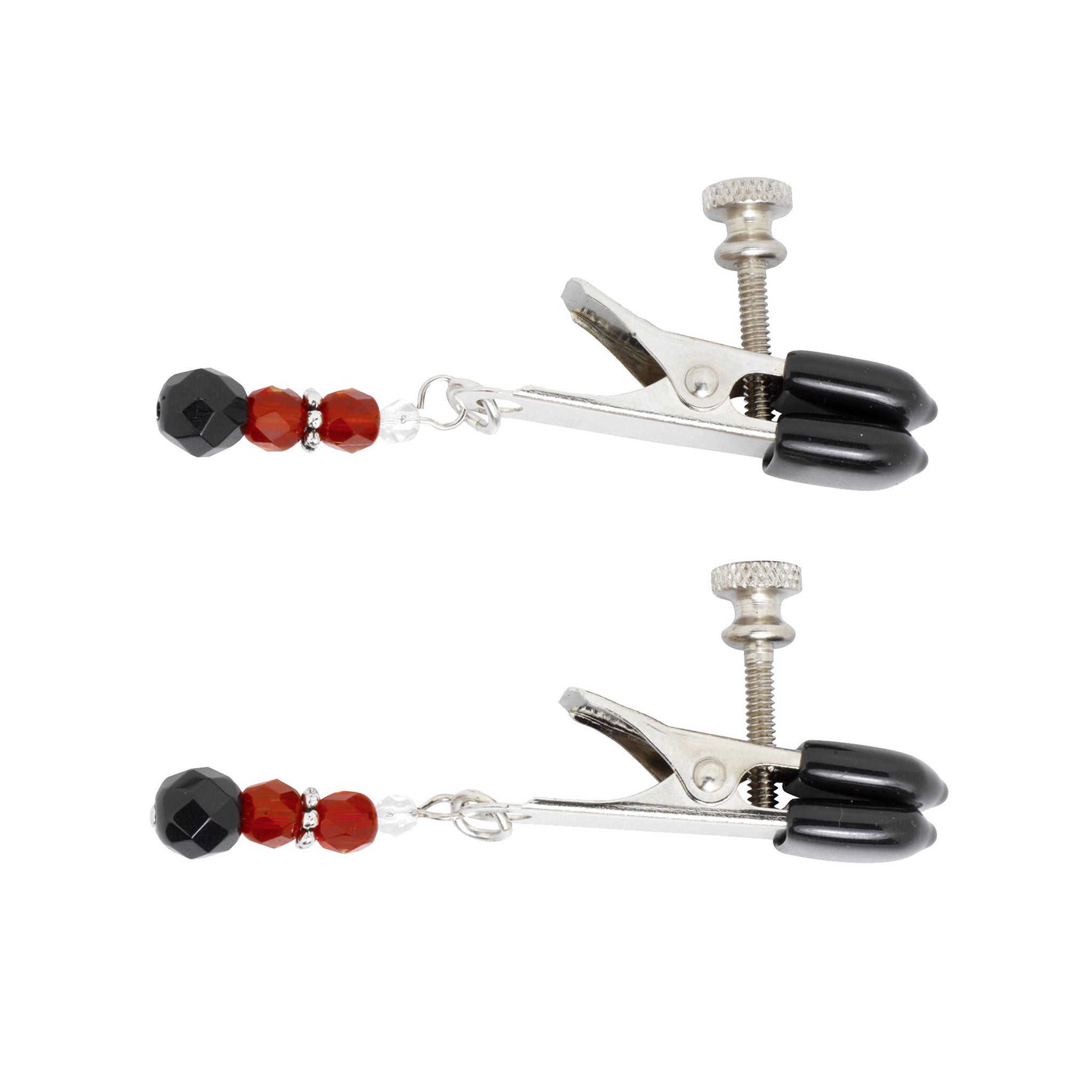 Stainless-steel metal metallic nipple nipple-play clamps hanging chains jeweled beads beaded adjustable screw broad-tip rubber-coated bedazzle bdsm bdsm-toys bondage sadism masochism sadomasochism kink kinky kinky-play adult-toys red black