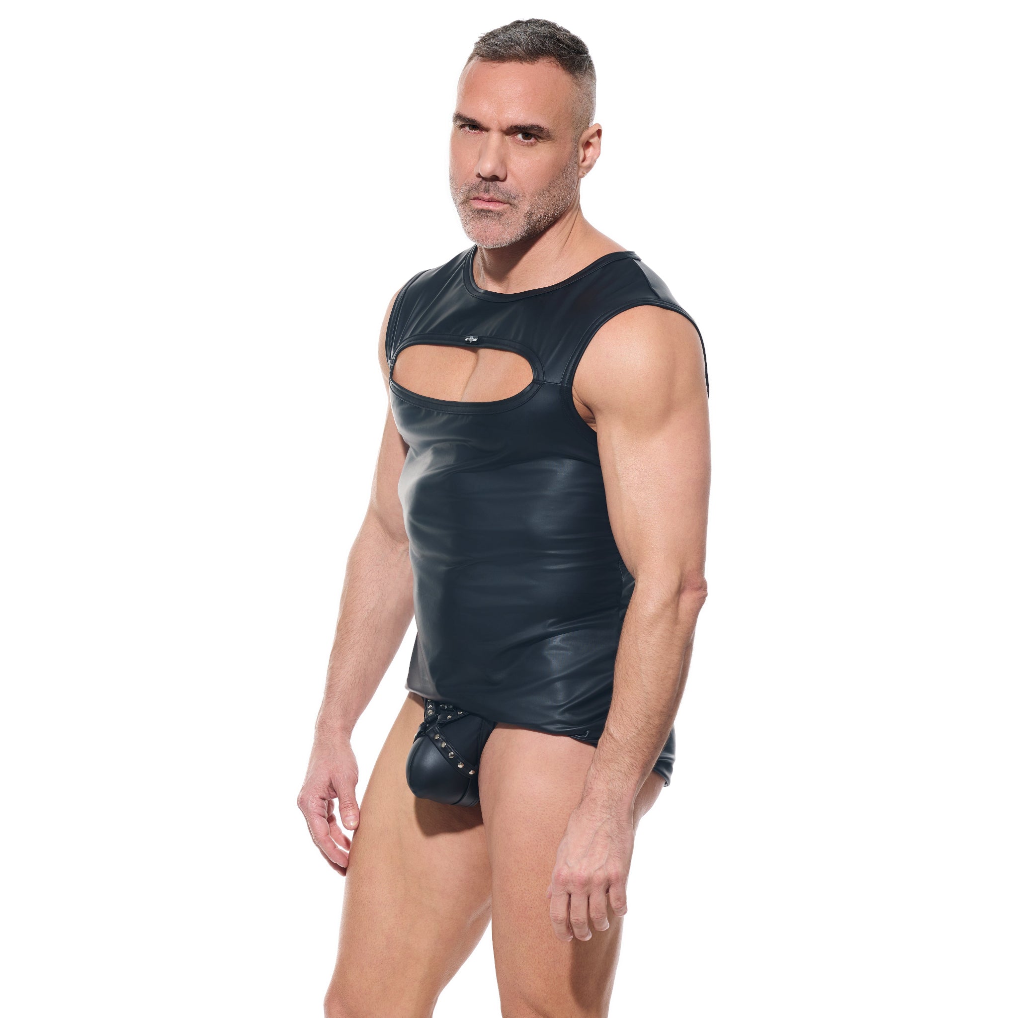 afterlight men's muscle shirt wetlook sleeveless oval chest cut out crewneck fetishwear shiny top men's bold kink fashion clubwear fetish factory