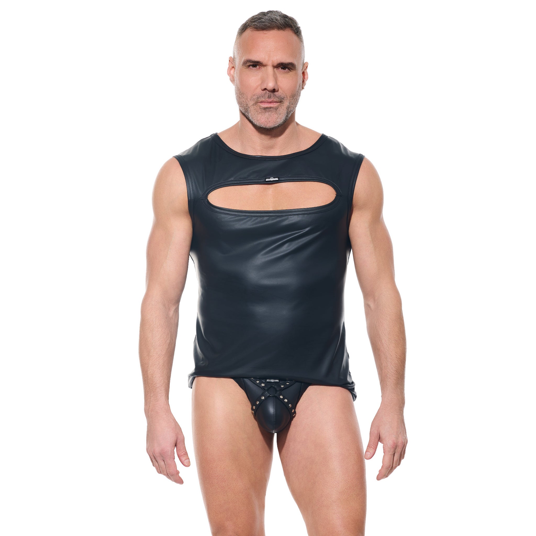 afterlight men's muscle shirt wetlook sleeveless oval chest cut out crewneck fetishwear shiny top men's bold kink fashion clubwear fetish factory
