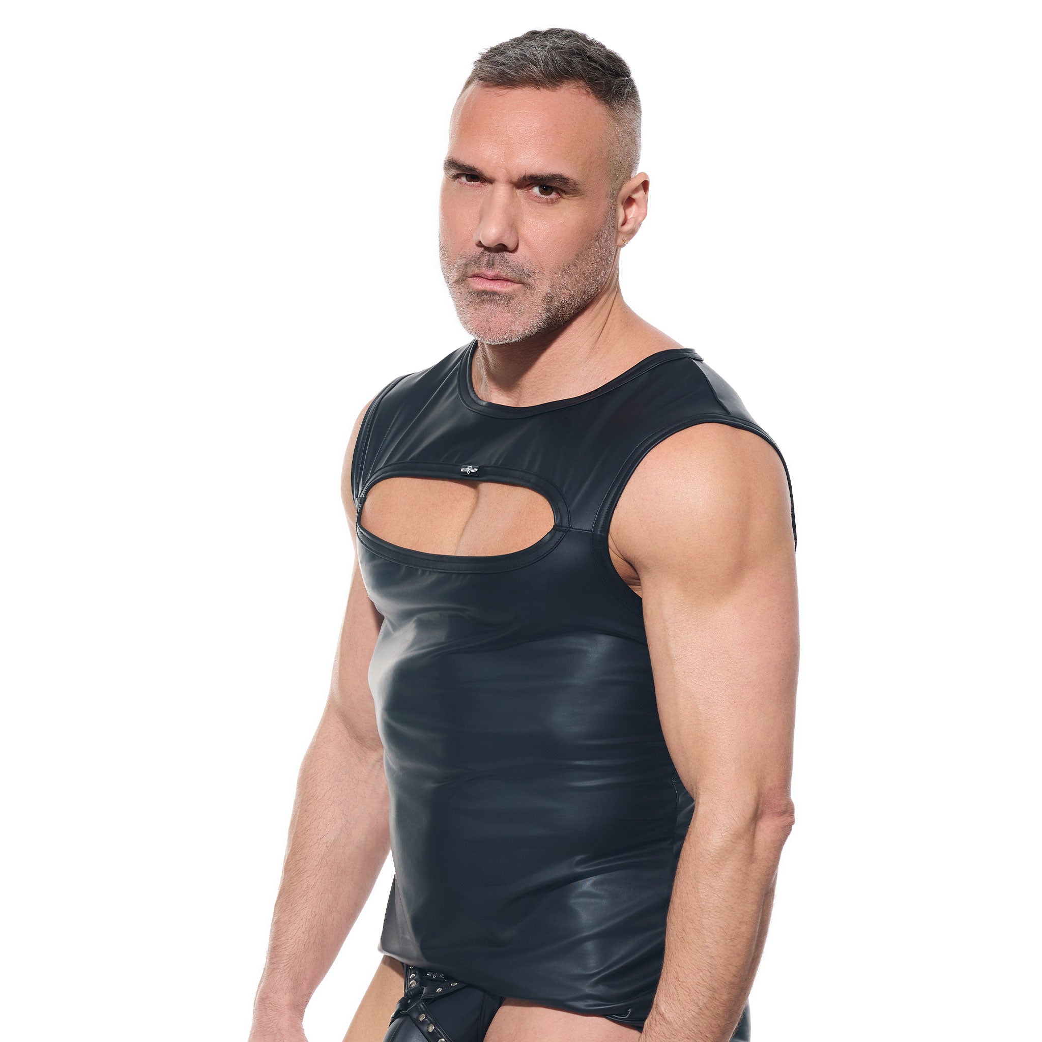 Wetlook wetlook-fabric polyester spandex apparel tops shirt tanktop tank-top sleeveless muscle-cut muscle-top chest-cutout cut-out oval crewneck crew-neck shiny stretchy matte-finish bold fetish fashion alt-fashion fetishwear kinkwear clubwear male masculine masc mens guys dudes black afterlight desert-kink gregg-homme gun-show