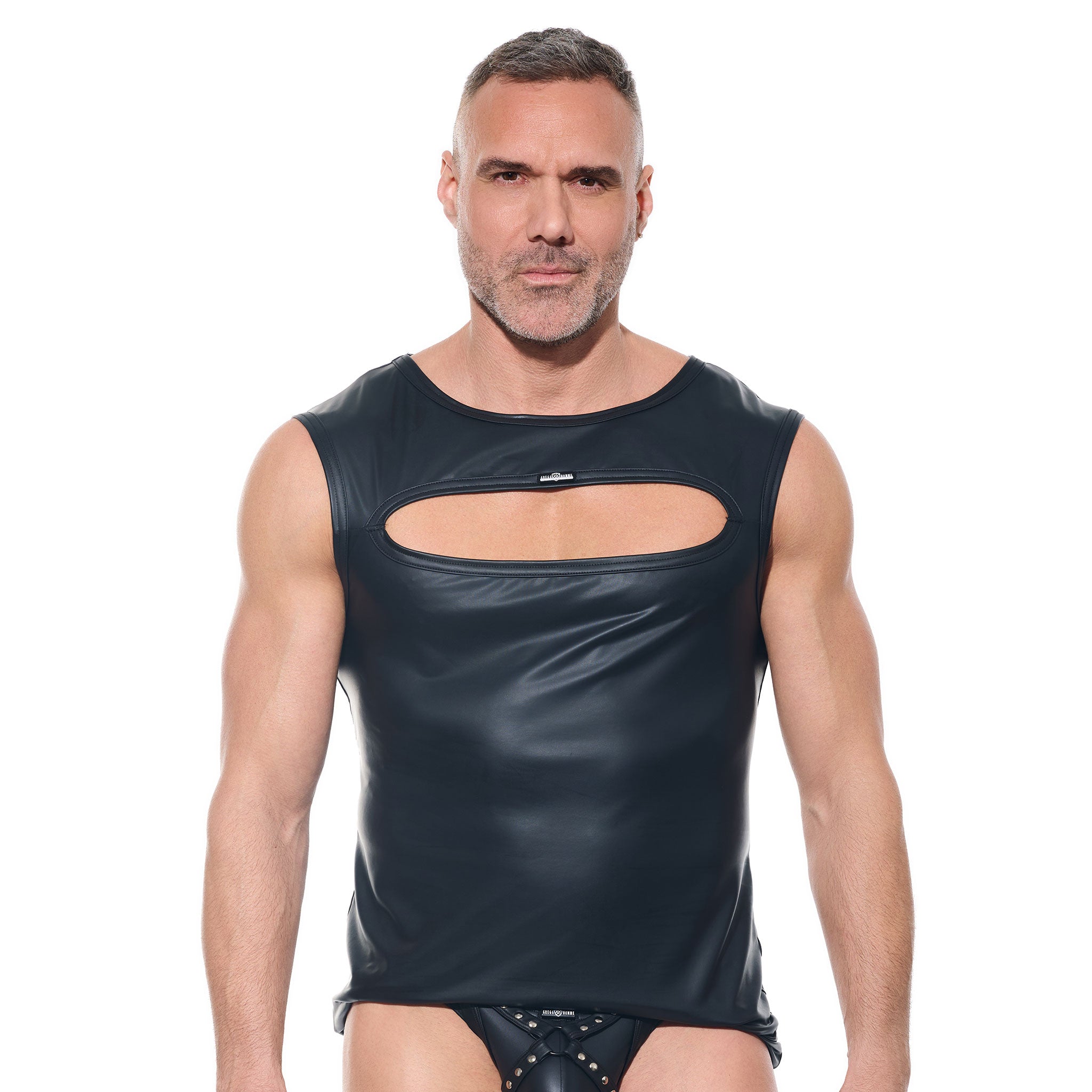 Wetlook wetlook-fabric polyester spandex apparel tops shirt tanktop tank-top sleeveless muscle-cut muscle-top chest-cutout cut-out oval crewneck crew-neck shiny stretchy matte-finish bold fetish fashion alt-fashion fetishwear kinkwear clubwear male masculine masc mens guys dudes black afterlight desert-kink gregg-homme gun-show