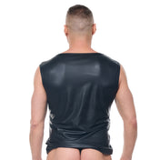 Wetlook wetlook-fabric polyester spandex apparel tops shirt tanktop tank-top sleeveless muscle-cut muscle-top chest-cutout cut-out oval crewneck crew-neck shiny stretchy matte-finish bold fetish fashion alt-fashion fetishwear kinkwear clubwear male masculine masc mens guys dudes black afterlight desert-kink gregg-homme gun-show