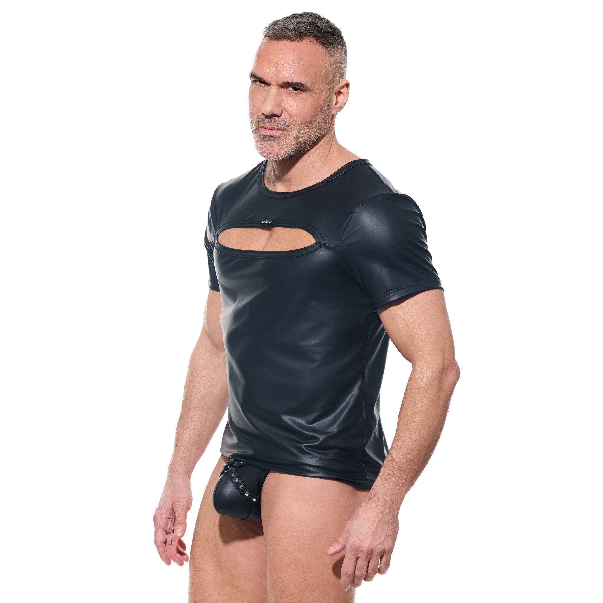 afterlight men's t-shirt wetlook half sleeves oval chest cut out shiny crewneck fetish fashion clubwear kinkwear men's sexy top fetish factory