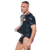 afterlight men's t-shirt wetlook half sleeves oval chest cut out shiny crewneck fetish fashion clubwear kinkwear men's sexy top fetish factory