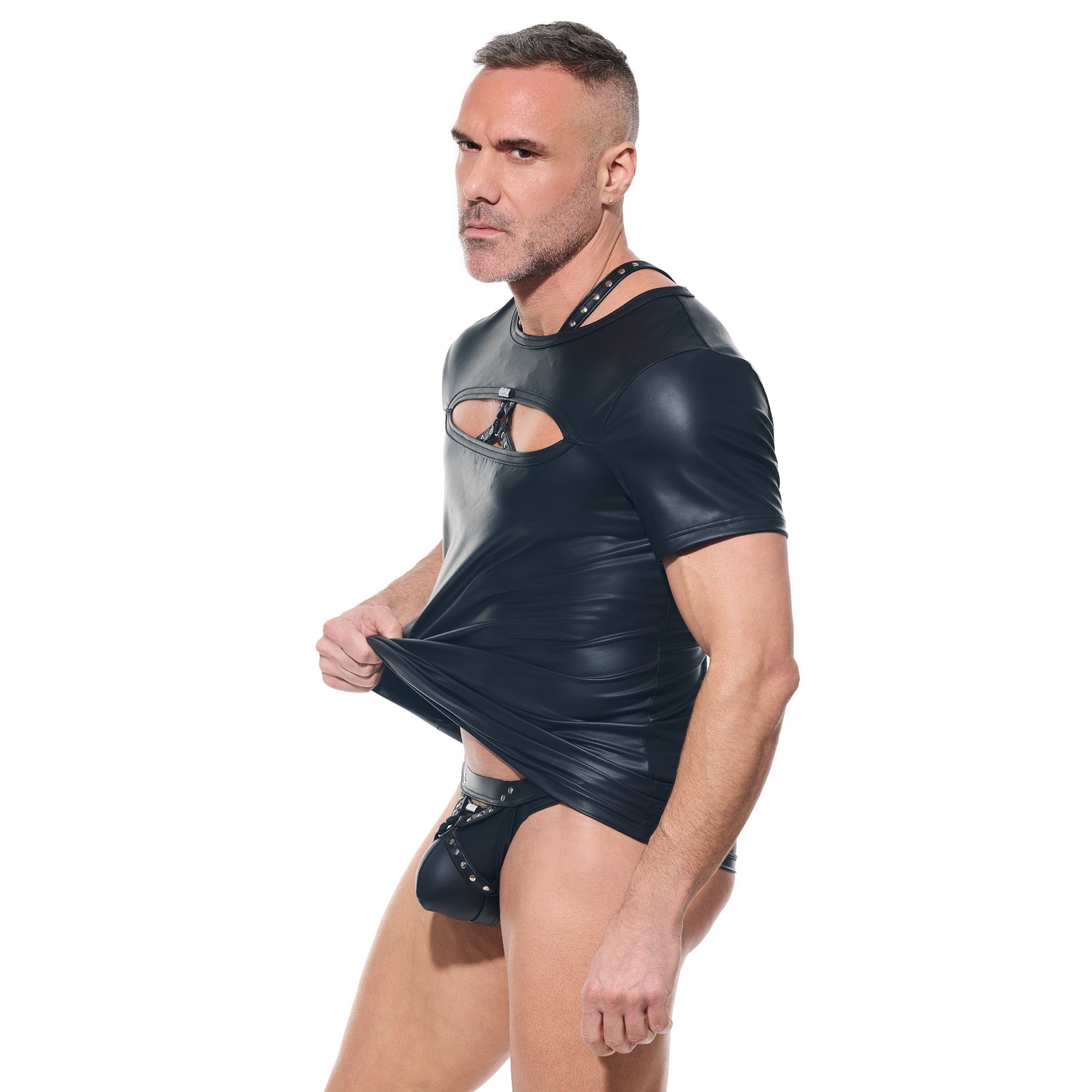 afterlight men's t-shirt wetlook half sleeves oval chest cut out shiny crewneck fetish fashion clubwear kinkwear men's sexy top fetish factory