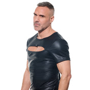afterlight men's t-shirt wetlook half sleeves oval chest cut out shiny crewneck fetish fashion clubwear kinkwear men's sexy top fetish factory