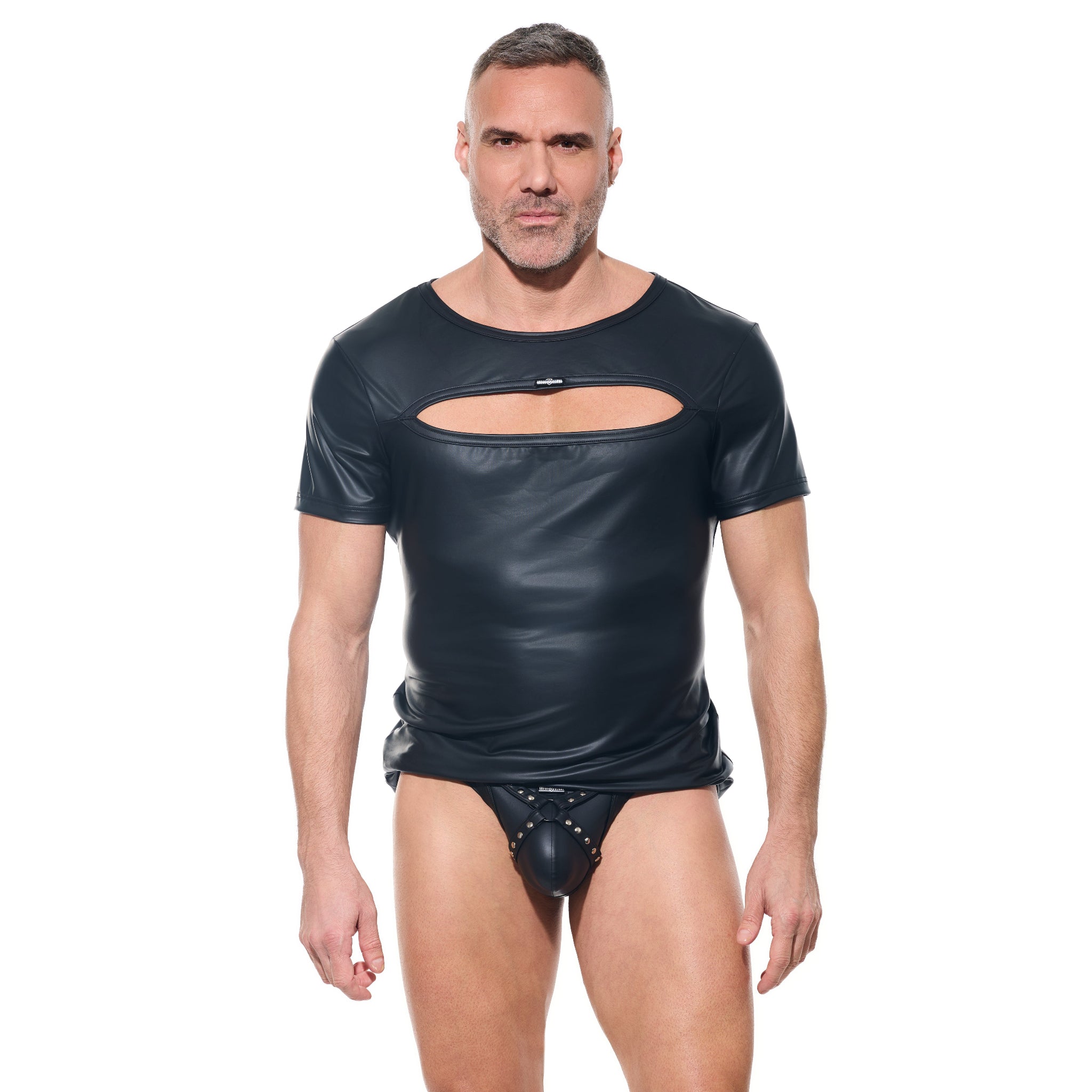 afterlight men's t-shirt wetlook half sleeves oval chest cut out shiny crewneck fetish fashion clubwear kinkwear men's sexy top fetish factory