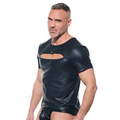 Wetlook wetlook-fabric polyester Spandex apparel tops shirt tshirt t-shirt short-sleeve half-sleeve sleeve sleeves sleeved chest-cutout cut-out crewneck crew-neck bold matte-finish sexy stretchy fetish fashion alt-fashion clubwear kinkwear desert-kink male masculine masc guys dudes black gregg-homme afterlight