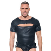 Wetlook wetlook-fabric polyester Spandex apparel tops shirt tshirt t-shirt short-sleeve half-sleeve sleeve sleeves sleeved chest-cutout cut-out crewneck crew-neck bold matte-finish sexy stretchy fetish fashion alt-fashion clubwear kinkwear desert-kink male masculine masc guys dudes black gregg-homme afterlight