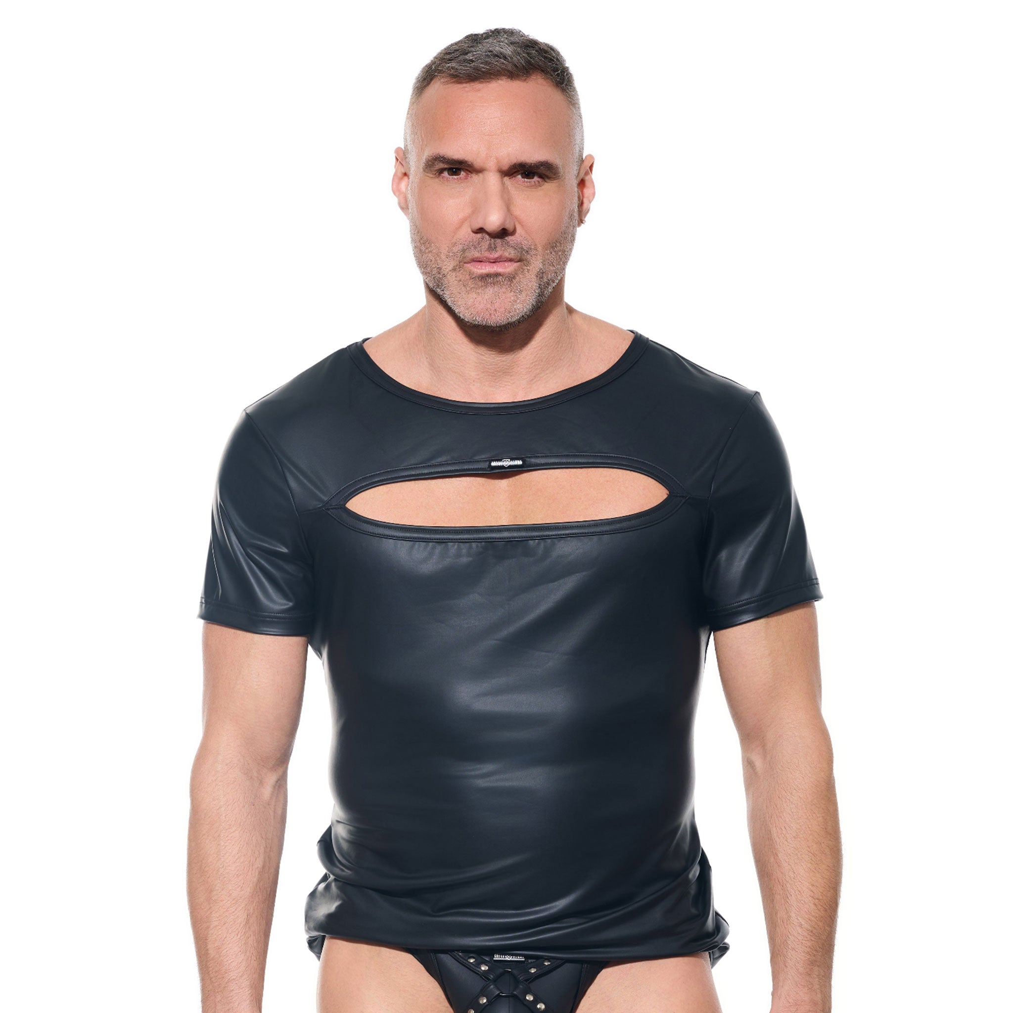 Wetlook wetlook-fabric polyester Spandex apparel tops shirt tshirt t-shirt short-sleeve half-sleeve sleeve sleeves sleeved chest-cutout cut-out crewneck crew-neck bold matte-finish sexy stretchy fetish fashion alt-fashion clubwear kinkwear desert-kink male masculine masc guys dudes black gregg-homme afterlight