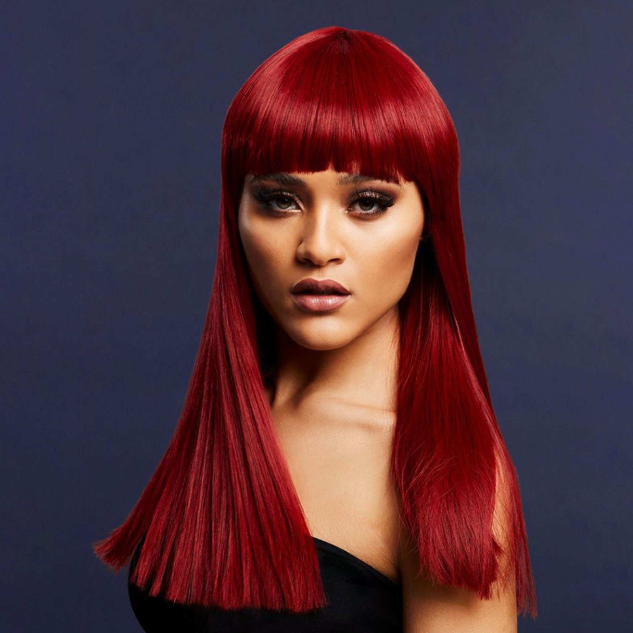 Synthetic-hair fever wig alexia straight blunt-cut bangs short-bangs long adjustable wig-cap heat-resistant styled styleable professional realistic costumes cosplay accessories head-gear ruby-red