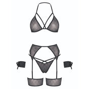 Nylon Spandex metallic-thread sheer seethru see-thru see-through apparel intimates lingerie lingerie-set 4pc 4-pc 4-piece four-piece cage bra bralette bra-top crop-top halter-neck tie-back panty panties gstring g-string garter garter-harness wrist wrist-cuffs wristcuffs wrist-ties shimmery stretchy breathable sexy strappy flirty playful spicy sleeveless fetish fashion alt-fashion bedroom romantic bondage bdsm bdsm-fashion bdsm-inspired restraints tied-up tied female femme feminine womens black silver