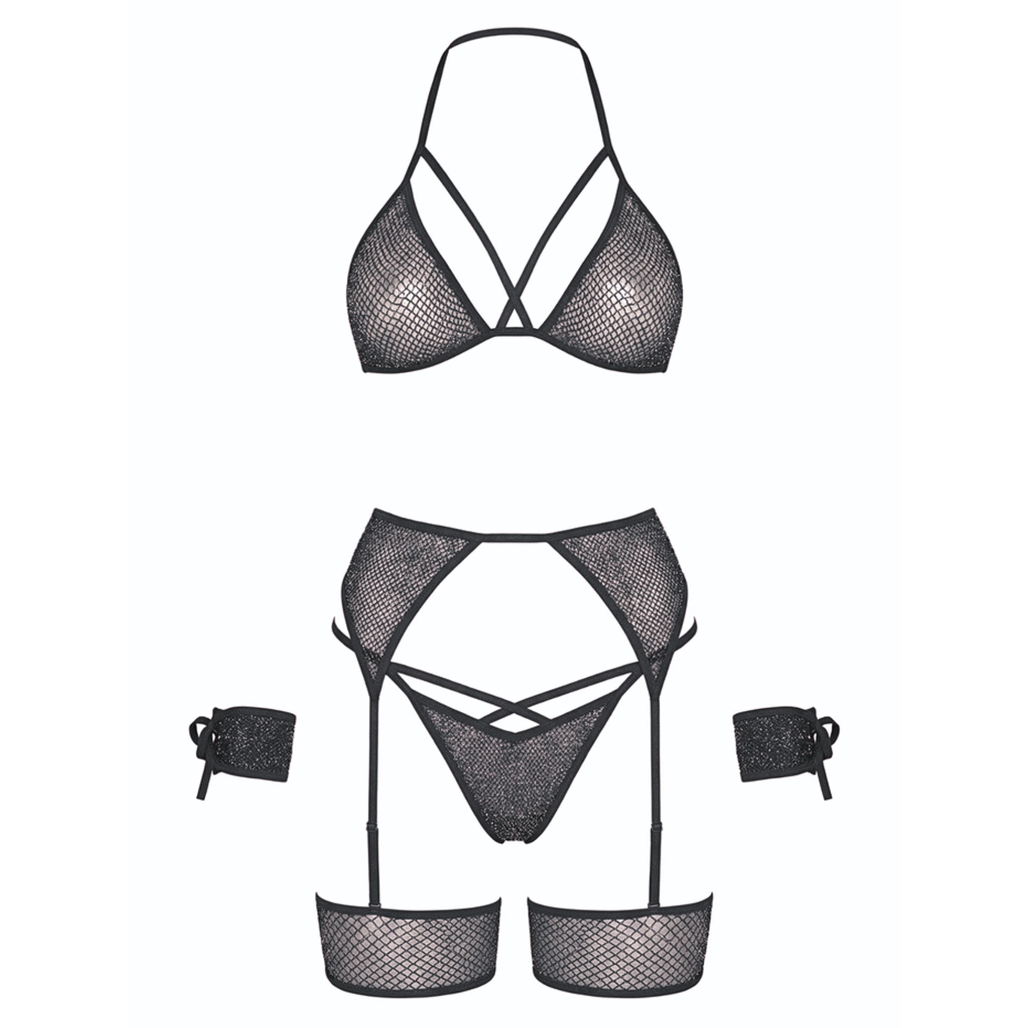 Nylon Spandex metallic-thread sheer seethru see-thru see-through apparel intimates lingerie lingerie-set 4pc 4-pc 4-piece four-piece cage bra bralette bra-top crop-top halter-neck tie-back panty panties gstring g-string garter garter-harness wrist wrist-cuffs wristcuffs wrist-ties shimmery stretchy breathable sexy strappy flirty playful spicy sleeveless fetish fashion alt-fashion bedroom romantic bondage bdsm bdsm-fashion bdsm-inspired restraints tied-up tied female femme feminine womens black silver