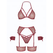 Nylon Spandex metallic-thread sheer seethru see-thru see-through apparel intimates lingerie lingerie-set 4pc 4-pc 4-piece four-piece cage bra bralette bra-top crop-top halter-neck tie-back panty panties gstring g-string garter garter-harness wrist wrist-cuffs wristcuffs wrist-ties shimmery stretchy breathable sexy strappy flirty playful spicy sleeveless fetish fashion alt-fashion bedroom romantic bondage bdsm bdsm-fashion bdsm-inspired restraints tied-up tied female femme feminine womens burgundy silver