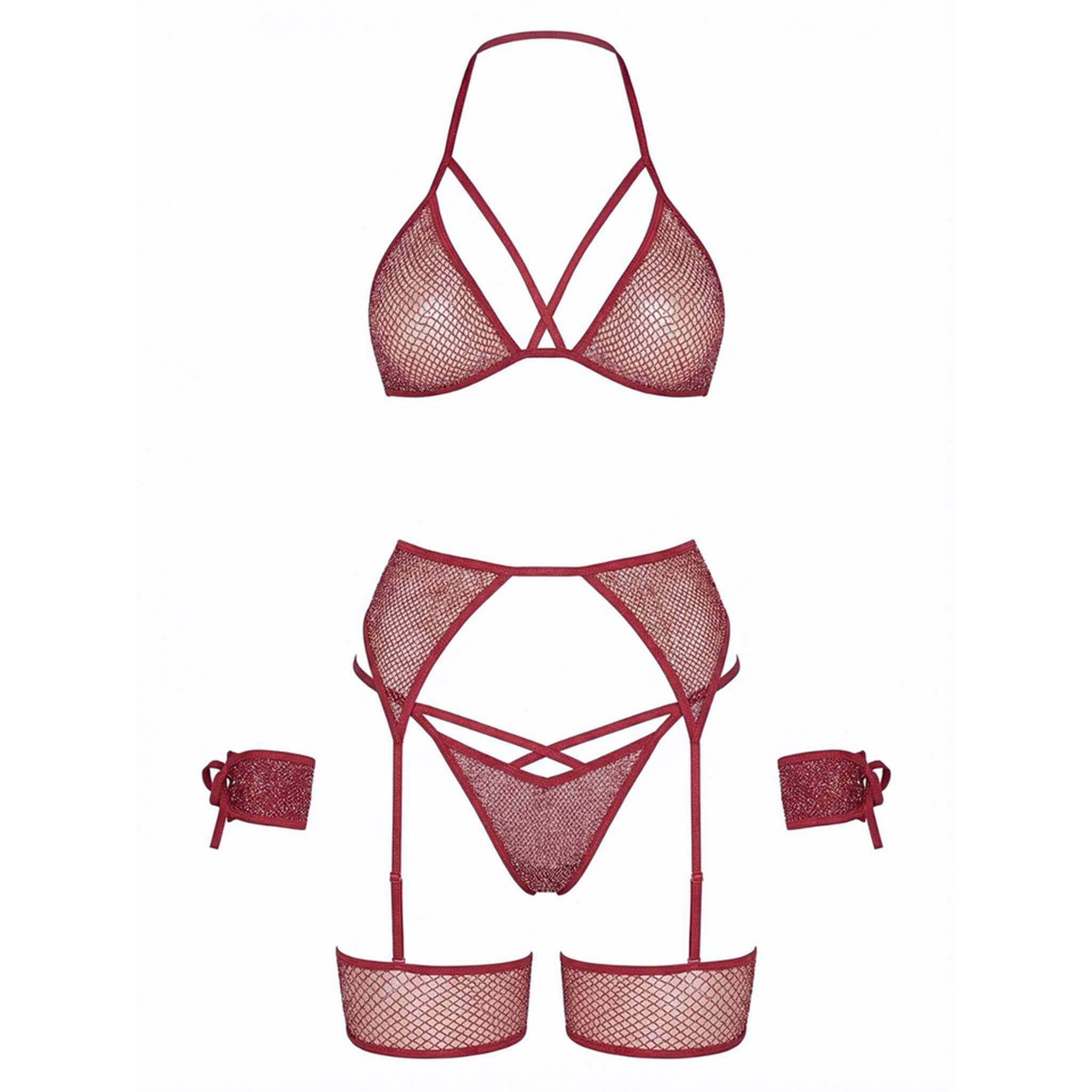 Nylon Spandex metallic-thread sheer seethru see-thru see-through apparel intimates lingerie lingerie-set 4pc 4-pc 4-piece four-piece cage bra bralette bra-top crop-top halter-neck tie-back panty panties gstring g-string garter garter-harness wrist wrist-cuffs wristcuffs wrist-ties shimmery stretchy breathable sexy strappy flirty playful spicy sleeveless fetish fashion alt-fashion bedroom romantic bondage bdsm bdsm-fashion bdsm-inspired restraints tied-up tied female femme feminine womens burgundy silver