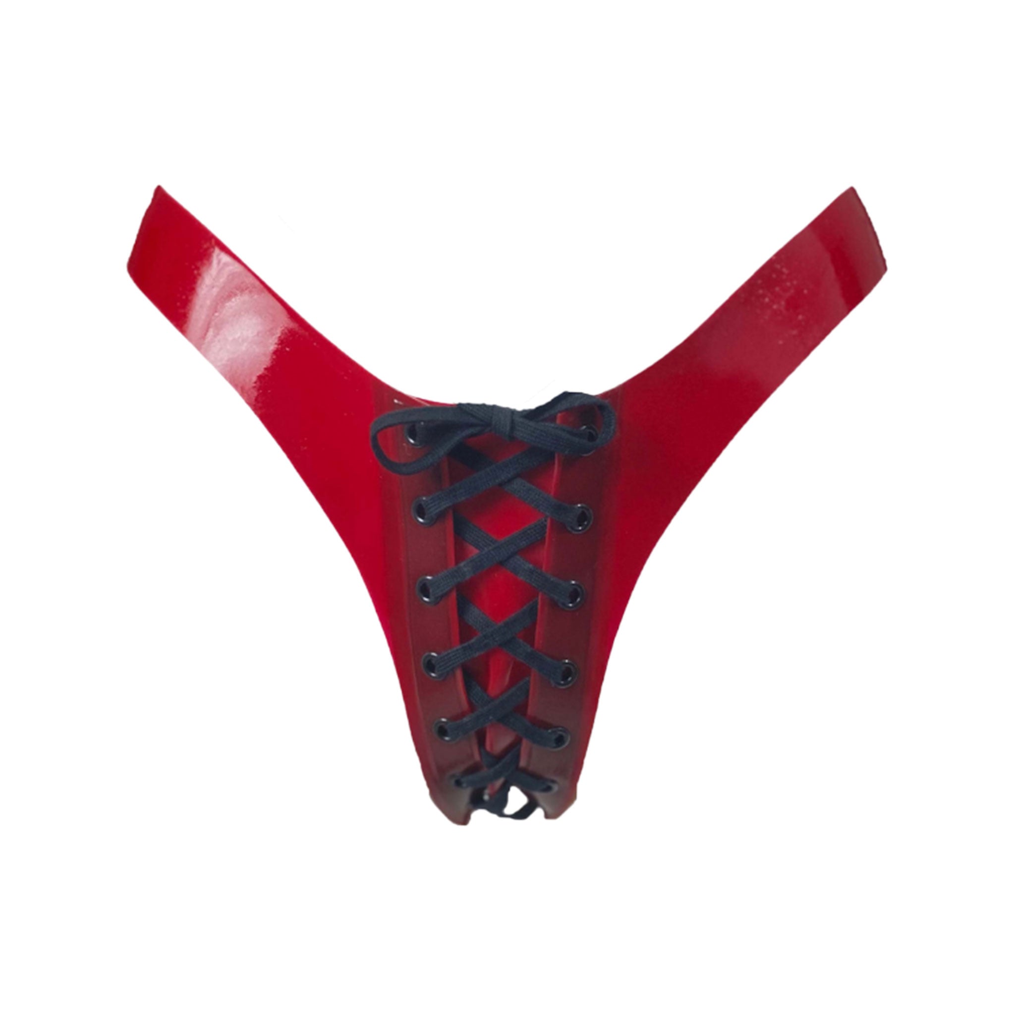 Latex rubber transparent see-thru see-through nylon-cording apparel bottoms intimates lingerie latex-lingerie panty panties thong g-string lace-up front-panel open-front sexy shiny glossy skimpy fetish fashion alt-fashion alternative bedroom dungeon bondage bdsm bdsm-fashion domme dominatrix dominatrix-fashion kink kinky kinkwear costume cosplay halloween house-of-harlot female femme feminine womens red blood-red 