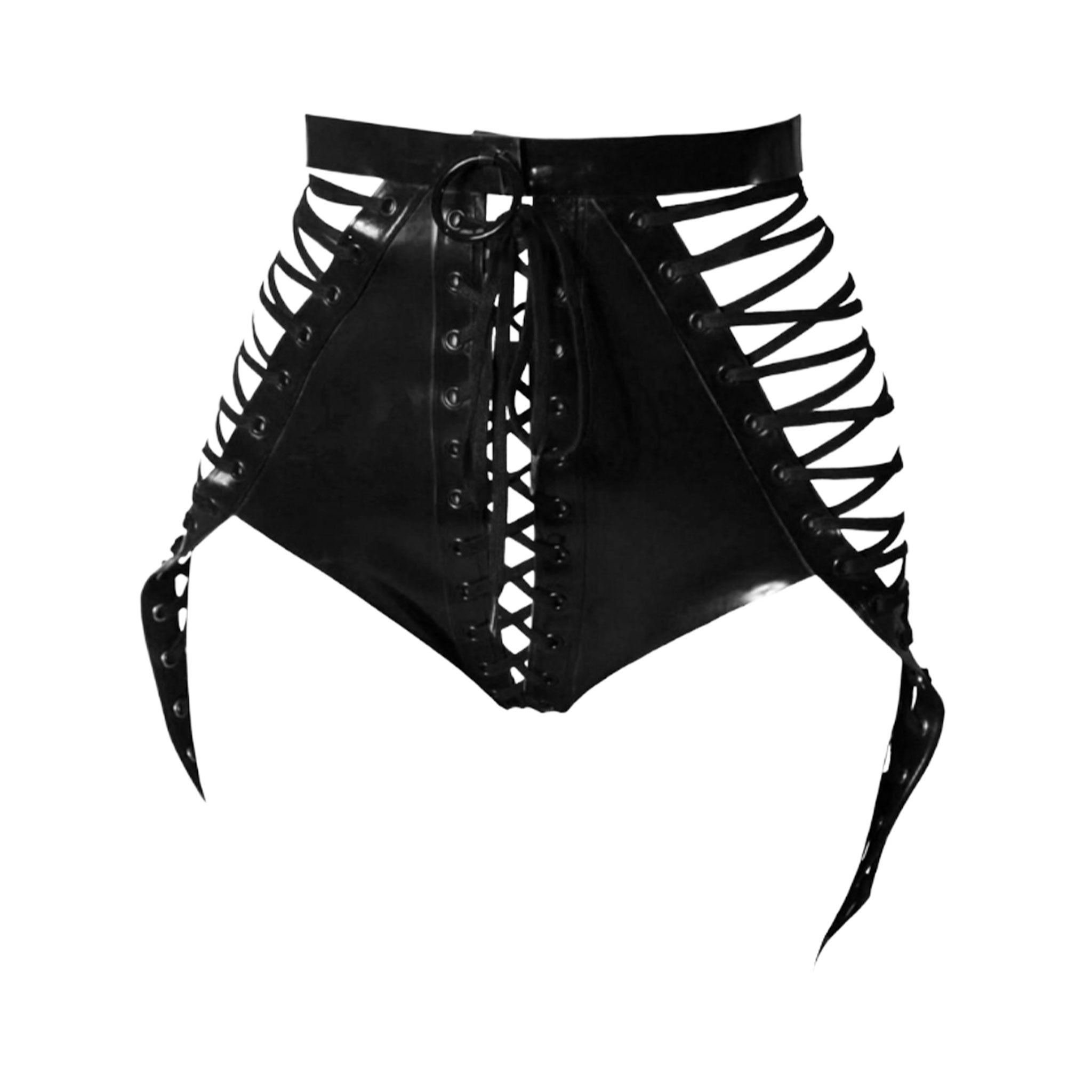 Latex rubber apparel bottoms intimates lingerie latex-lingerie shorts hot-pants garter-suspenders slide-clips lace-up open-front hip-cutouts O-ring waist-closure snap-button press-stud sexy shiny glossy fetish fashion alt-fashion alternative bedroom dungeon bondage bdsm bdsm-fashion kink kinky kinky-play costume cosplay halloween house-of-harlot female femme feminine womens black