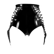 Latex rubber apparel bottoms intimates lingerie latex-lingerie shorts hot-pants garter-suspenders slide-clips lace-up open-front hip-cutouts O-ring waist-closure snap-button press-stud sexy shiny glossy fetish fashion alt-fashion alternative bedroom dungeon bondage bdsm bdsm-fashion kink kinky kinky-play costume cosplay halloween house-of-harlot female femme feminine womens black