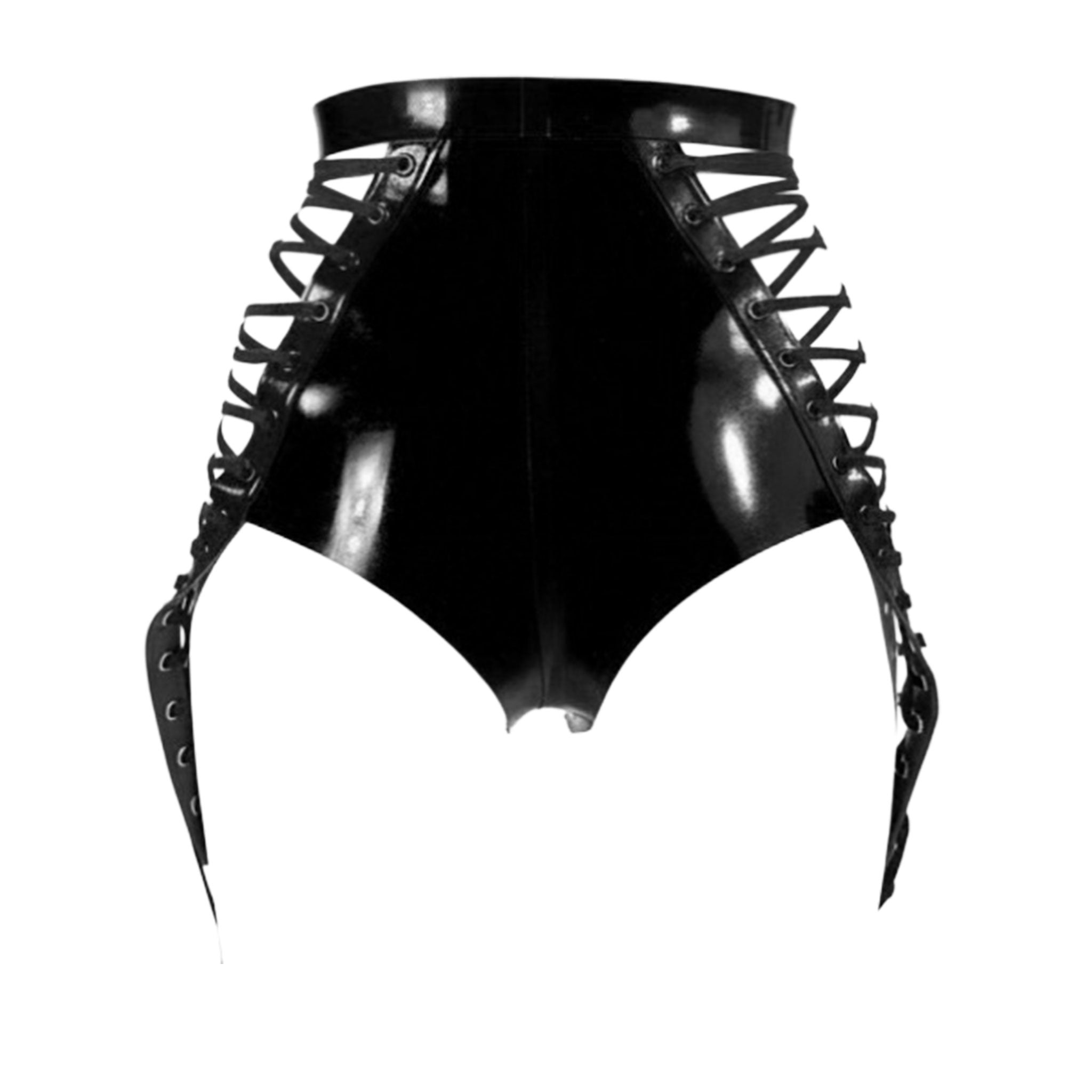 Latex rubber apparel bottoms intimates lingerie latex-lingerie shorts hot-pants garter-suspenders slide-clips lace-up open-front hip-cutouts O-ring waist-closure snap-button press-stud sexy shiny glossy fetish fashion alt-fashion alternative bedroom dungeon bondage bdsm bdsm-fashion kink kinky kinky-play costume cosplay halloween house-of-harlot female femme feminine womens black