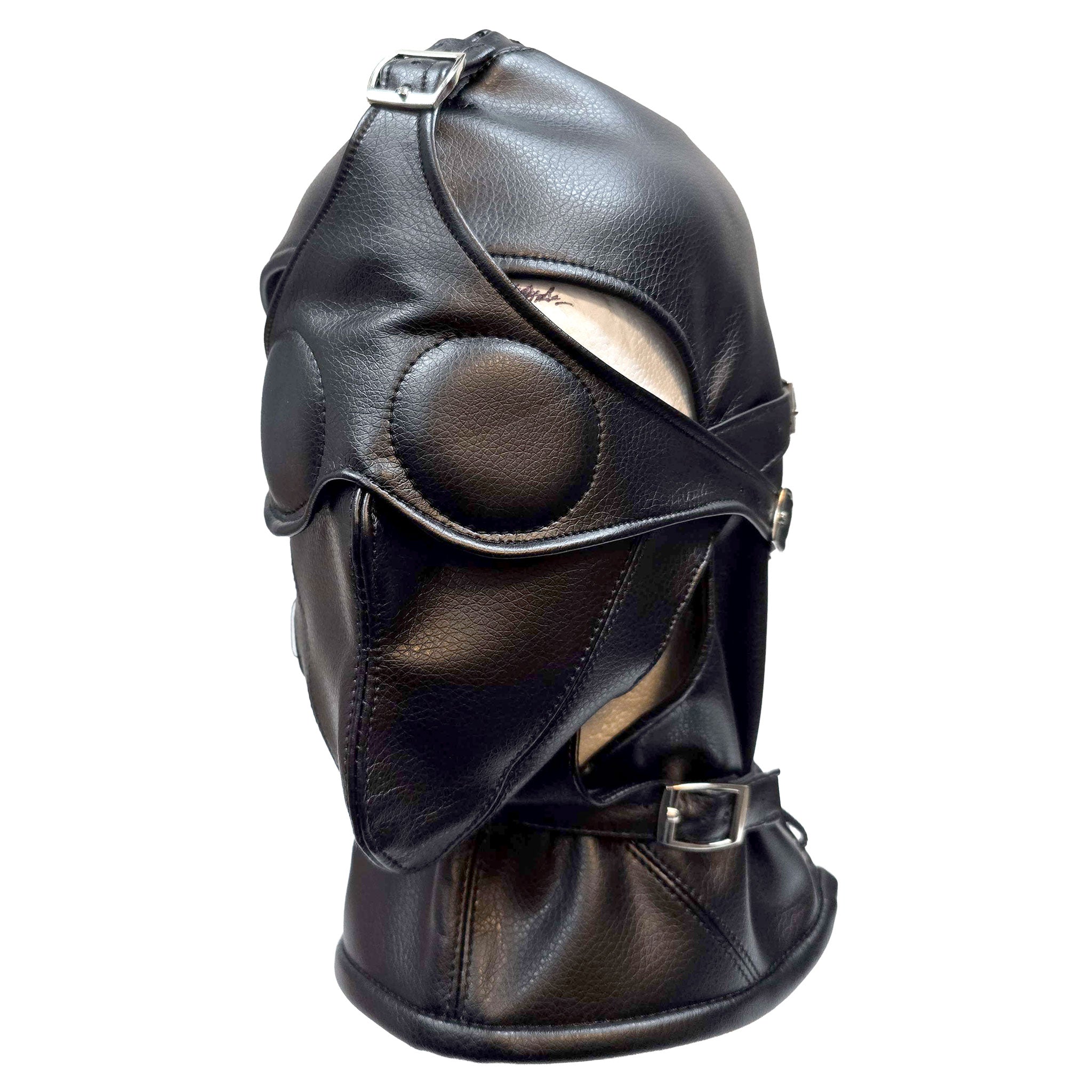Leather genuine-leather matte-finish nylon-cording accessories hood mask gimp-mask anatomical open-face removable removable-blindfold eye-coverings removable-gag mouth-gag gag mouth-covering convertible buckle adjustable lace-up lace-back back-closure lightweight versatile secure customizable fetish fashion alt-fashion bondage bdsm bdsm-gear bdsm-toys kink kinky kinky-play sensory sensory-play sensory-deprivation adult-toys unisex black