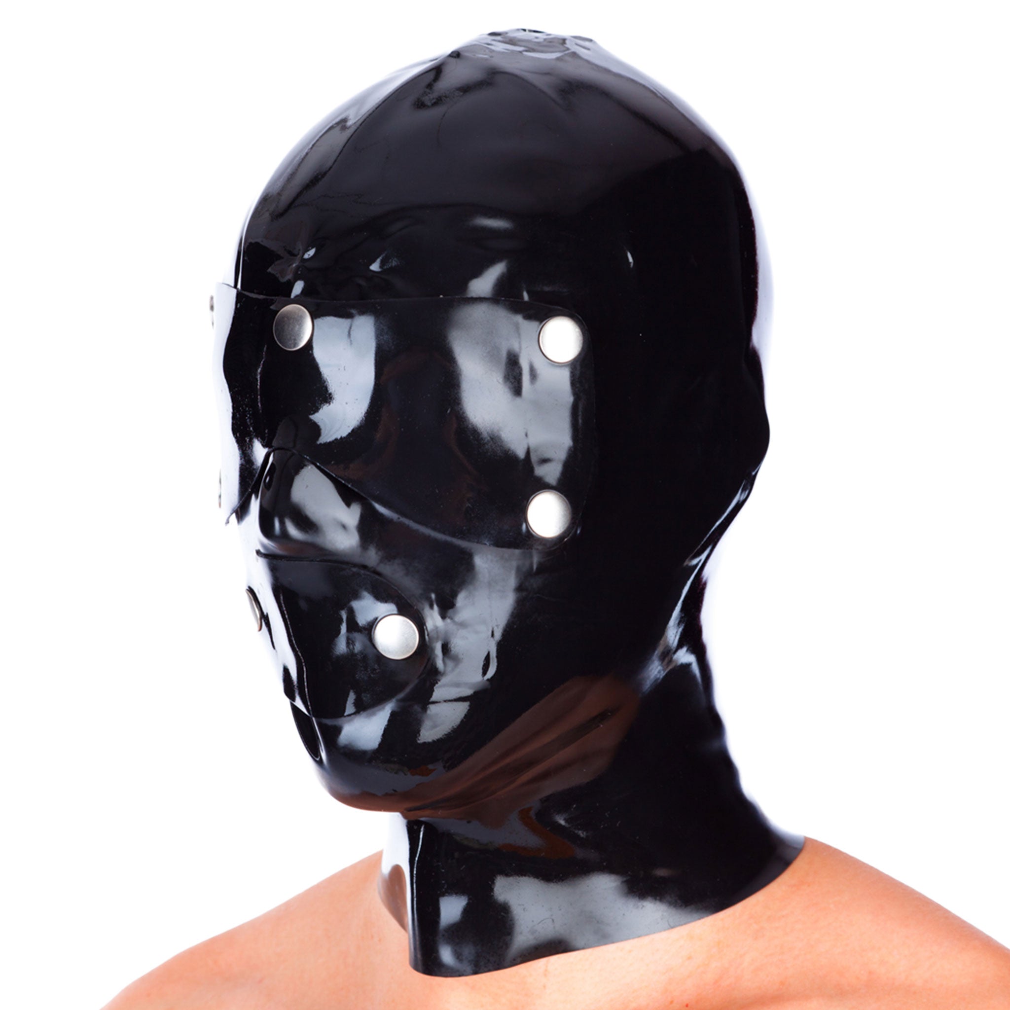 Latex rubber accessories mask special-mask hood full-face anatomical press-stud snap-button snap-on eye-mask latex-system shiny glossy versatile modular fetish fashion alt-fashion alternative cyber industrial bondage bdsm bdsm-gear bdsm-toys kink kinky kinky-play kinkwear anonymous sensory sensory-play sensory-deprivation costume cosplay halloween unisex black
