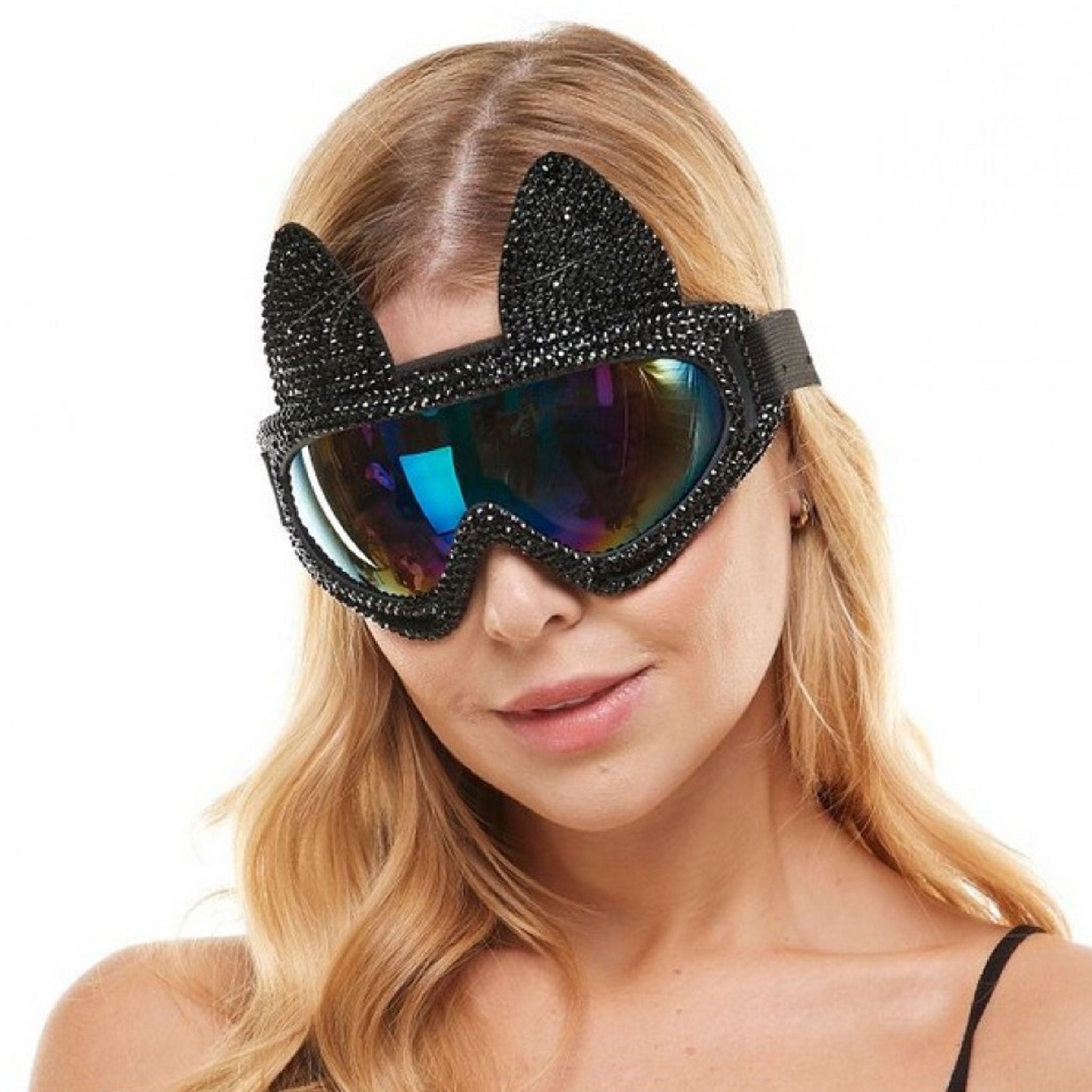 Plastic foam elastic rhinestone accessories eyewear goggles ski-goggles padded eyeframes animal animal-ears extra-cute skiing snowbunny snow-bunny burner costumes cosplay raver ravewear festival-wear burning-man bonnaroo wasteland black