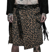 Cotton polyester PVC vinyl metallic-grommets apparel bottoms kilt knee-length wraparound wrap-around asymmetrical-hem pockets back-pockets waist-pockets leg-pocket pocket-flap studded stud studs dome-stud round-stud D-ring belt adjustable buckle press-studs snap-buttons front-closure pet pet-play leopard cheetah jungle-cat costume cosplay halloween caveman barbarian back-to-school back-2-school male masculine masc mens guys dudes brown leopard-print animal-print 