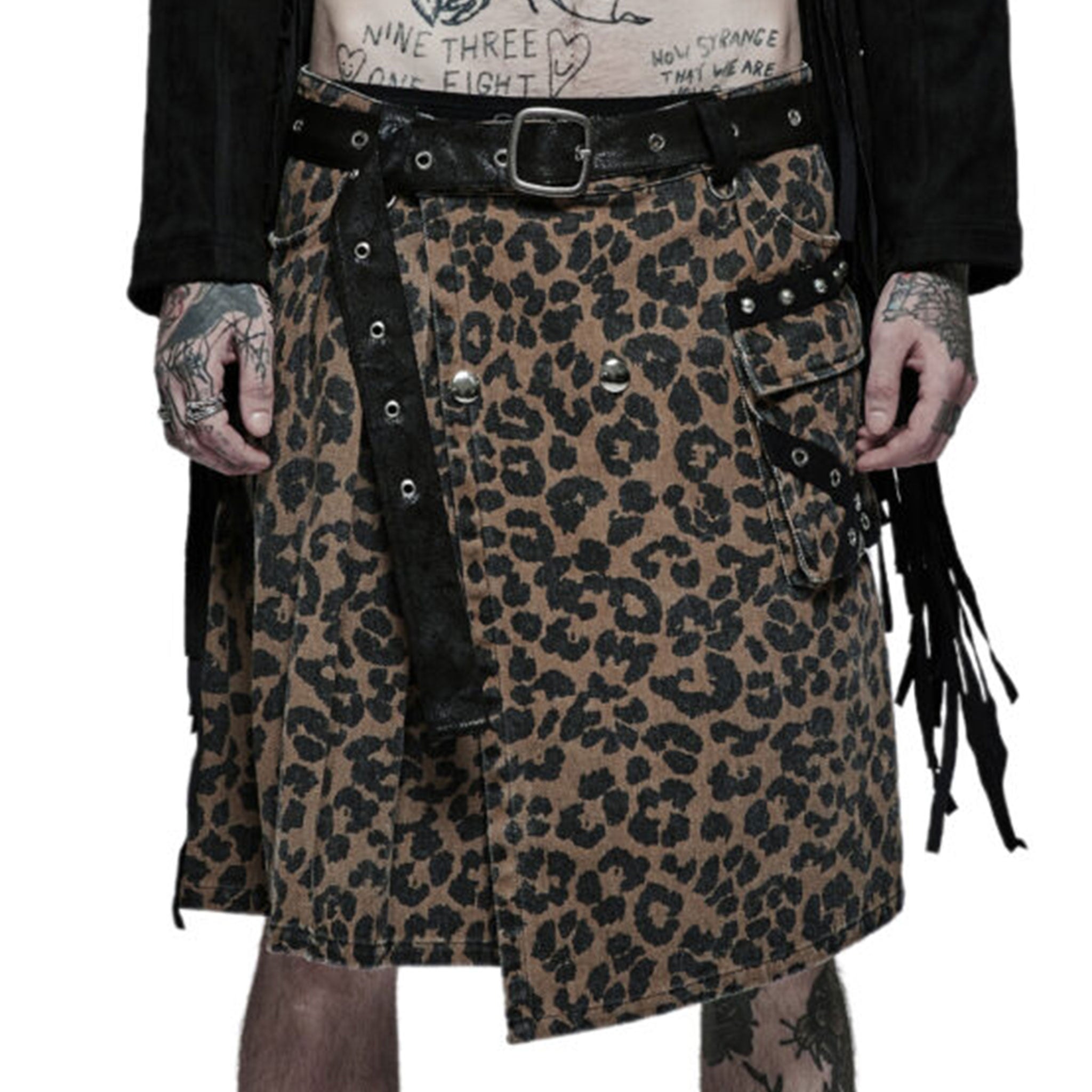 Cotton polyester PVC vinyl metallic-grommets apparel bottoms kilt knee-length wraparound wrap-around asymmetrical-hem pockets back-pockets waist-pockets leg-pocket pocket-flap studded stud studs dome-stud round-stud D-ring belt adjustable buckle press-studs snap-buttons front-closure pet pet-play leopard cheetah jungle-cat costume cosplay halloween caveman barbarian back-to-school back-2-school male masculine masc mens guys dudes brown leopard-print animal-print 