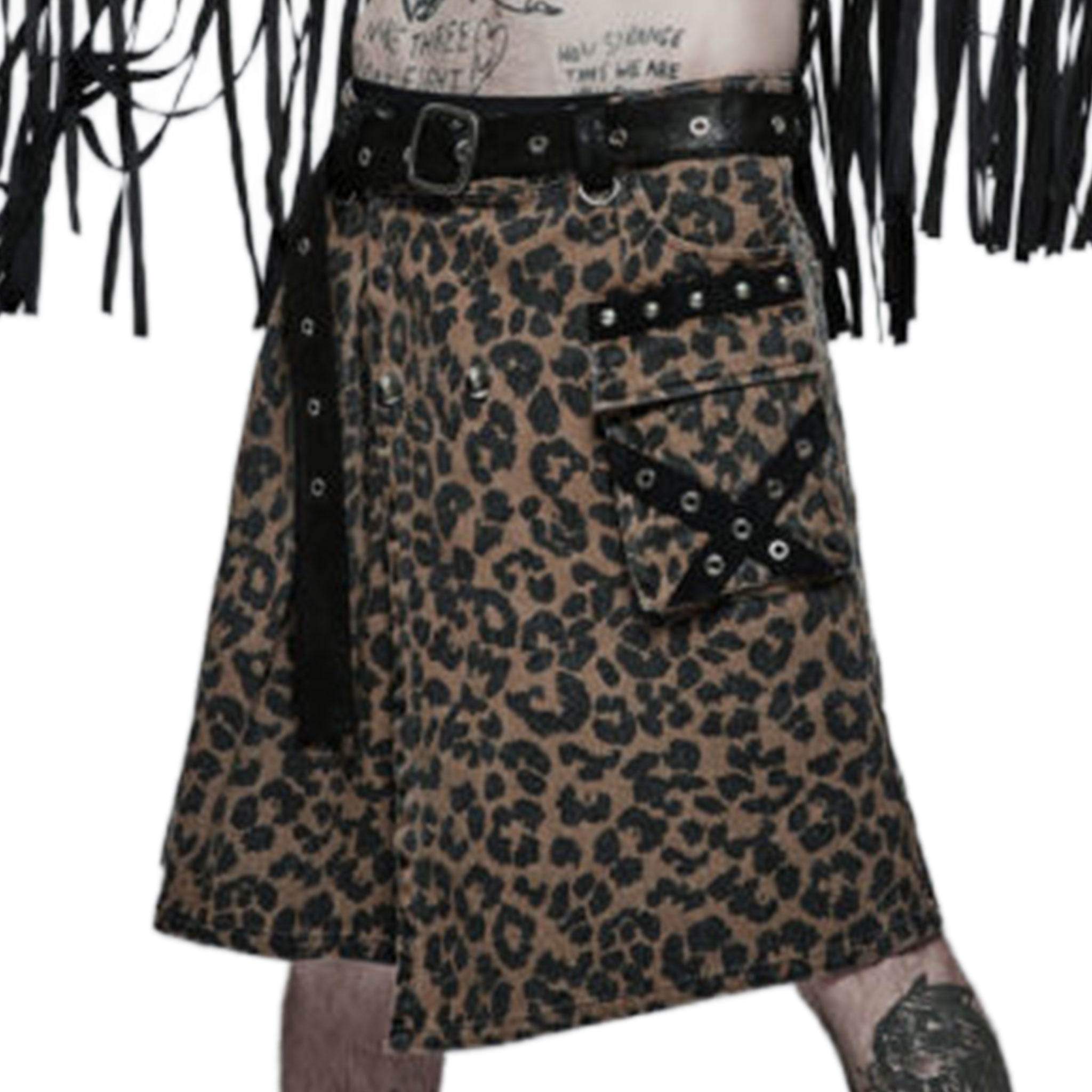 Cotton polyester PVC vinyl metallic-grommets apparel bottoms kilt knee-length wraparound wrap-around asymmetrical-hem pockets back-pockets waist-pockets leg-pocket pocket-flap studded stud studs dome-stud round-stud D-ring belt adjustable buckle press-studs snap-buttons front-closure pet pet-play leopard cheetah jungle-cat costume cosplay halloween caveman barbarian back-to-school back-2-school male masculine masc mens guys dudes brown leopard-print animal-print 