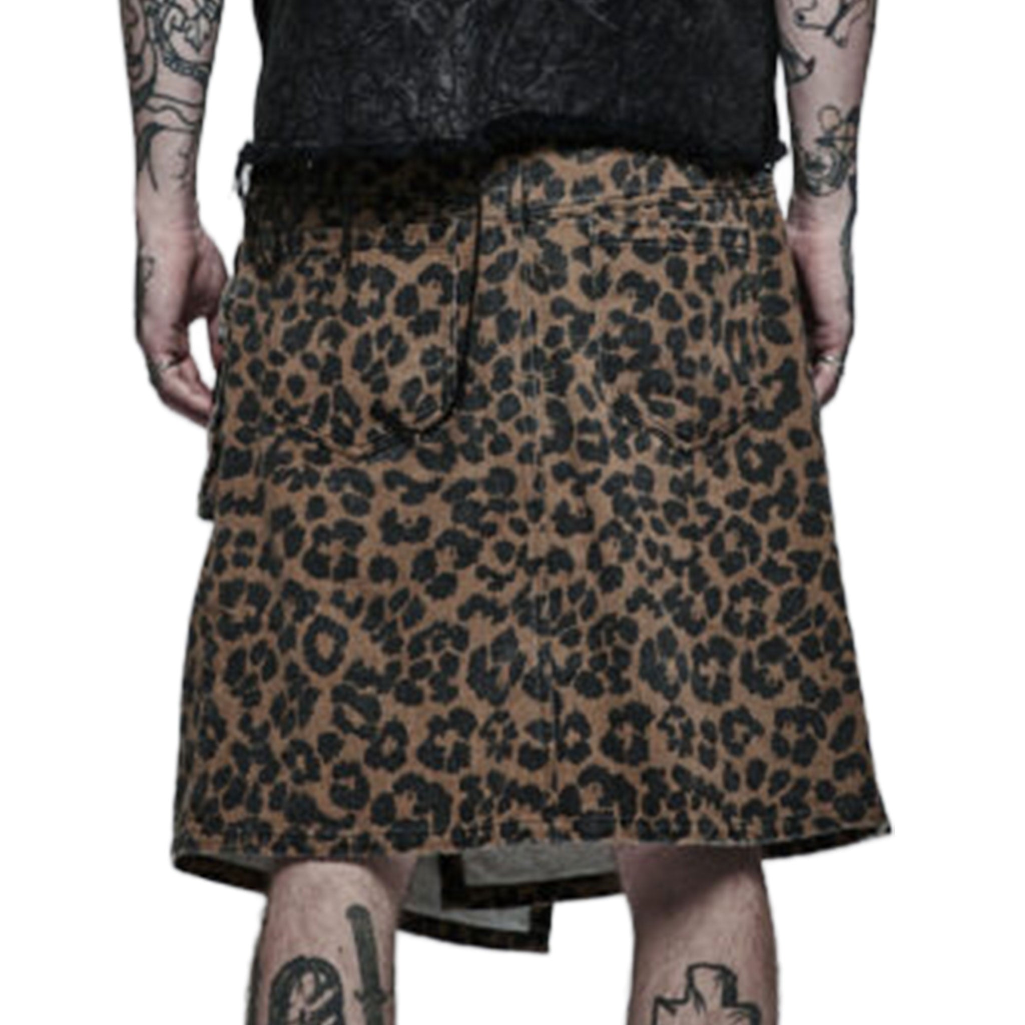 Cotton polyester PVC vinyl metallic-grommets apparel bottoms kilt knee-length wraparound wrap-around asymmetrical-hem pockets back-pockets waist-pockets leg-pocket pocket-flap studded stud studs dome-stud round-stud D-ring belt adjustable buckle press-studs snap-buttons front-closure pet pet-play leopard cheetah jungle-cat costume cosplay halloween caveman barbarian back-to-school back-2-school male masculine masc mens guys dudes brown leopard-print animal-print 