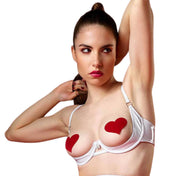 PVC vinyl patent-leather polyester polyurethane elastane apparel intimates tops lingerie bra cupless open-cup quarter-cup underwire support padlock-charm hook-and-eye back-closure adjustable straps O-ring shiny glossy stretchy bondage bdsm bdsm-fashion dom dominatrix dominatrix-fashion kink kinky kinkwear exhibition costume cosplay halloween valentines be-mine female femme feminine women white