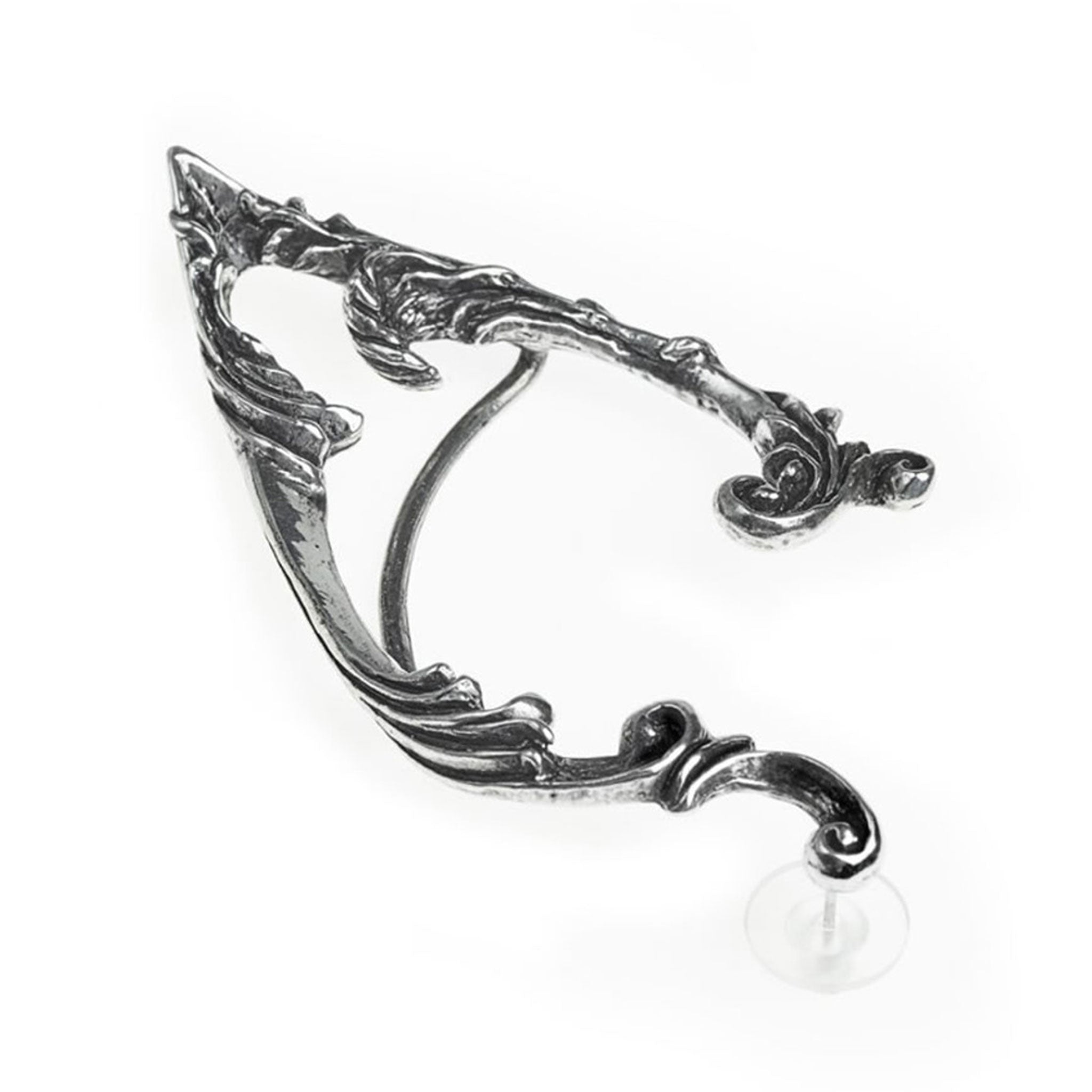 Pewter English-pewter accessories jewelry earring wrap ear ear-wrap elf elven fairy faery faerie molded cast-molded semi-malleable malleable adjustable nature forest arboreal arboreus intricate flourish swirling verdant fashion goth gothic fantasy lord-of-the-rings costume cosplay eldar arwen elrond legolas thranduril unisex