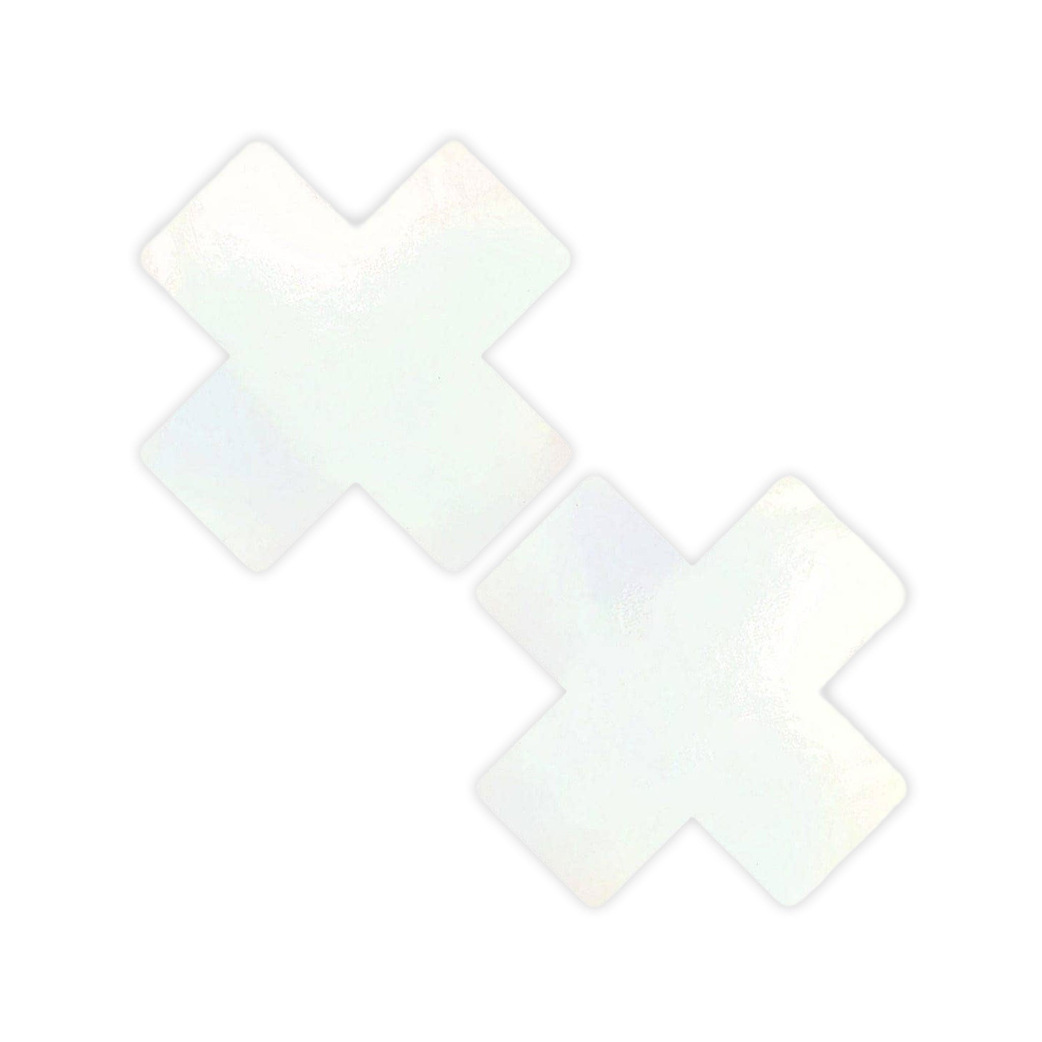 Swimsuit-fabric adhesive wet-vinyl wetlook accessories intimates pasties nipple-pasties nipple-cover breast-petals breast-shields x-shaped sexy medical-grade skin-safe hypoallergenic latex-free fashion alt-fashion alternative goth gothic festival rave raver-babe white-party kink kinky kinkwear costume cosplay halloween halloween-accessories female femme feminine womens unisex white 