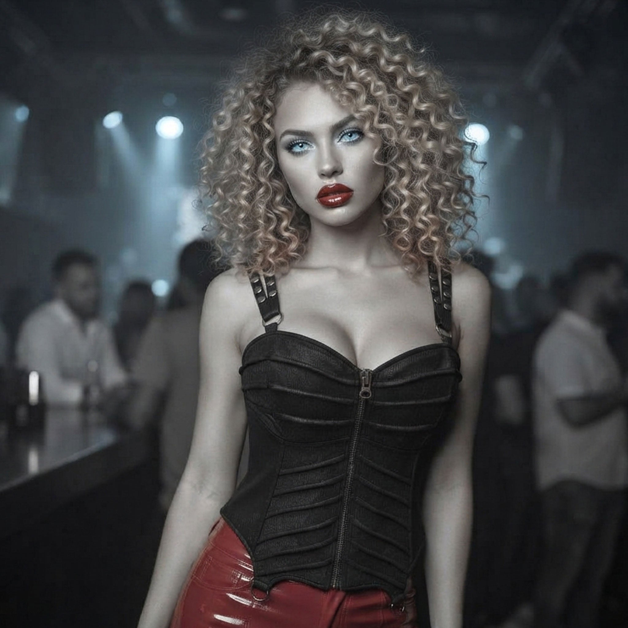 Polyester elastane cotton satin apparel top corset corselette pleated-panels static-boning lace-up back modesty-panel waist-tape pinstripes segmented-armor armor zipper chunky-zip front-zip full-zip D-ring O-ring adjustable shoulder-strap press-stud snap-button modesty-panel coated-cording bold edgy rebellious playful fierce fetish fashion alt-fashion alternative punk goth gothic cyber cyberpunk streetwear clubwear lacey-queen female femme feminine womens black