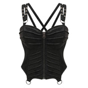 Polyester elastane cotton satin apparel top corset corselette pleated-panels static-boning lace-up back modesty-panel waist-tape pinstripes segmented-armor armor zipper chunky-zip front-zip full-zip D-ring O-ring adjustable shoulder-strap press-stud snap-button modesty-panel coated-cording bold edgy rebellious playful fierce fetish fashion alt-fashion alternative punk goth gothic cyber cyberpunk streetwear clubwear lacey-queen female femme feminine womens black