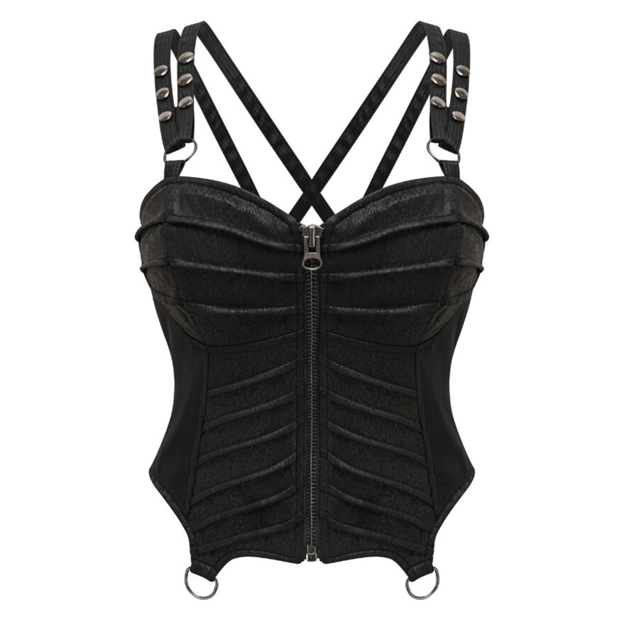 Polyester elastane cotton satin apparel top corset corselette pleated-panels static-boning lace-up back modesty-panel waist-tape pinstripes segmented-armor armor zipper chunky-zip front-zip full-zip D-ring O-ring adjustable shoulder-strap press-stud snap-button modesty-panel coated-cording bold edgy rebellious playful fierce fetish fashion alt-fashion alternative punk goth gothic cyber cyberpunk streetwear clubwear lacey-queen female femme feminine womens black