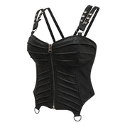 Polyester elastane cotton satin apparel top corset corselette pleated-panels static-boning lace-up back modesty-panel waist-tape pinstripes segmented-armor armor zipper chunky-zip front-zip full-zip D-ring O-ring adjustable shoulder-strap press-stud snap-button modesty-panel coated-cording bold edgy rebellious playful fierce fetish fashion alt-fashion alternative punk goth gothic cyber cyberpunk streetwear clubwear lacey-queen female femme feminine womens black