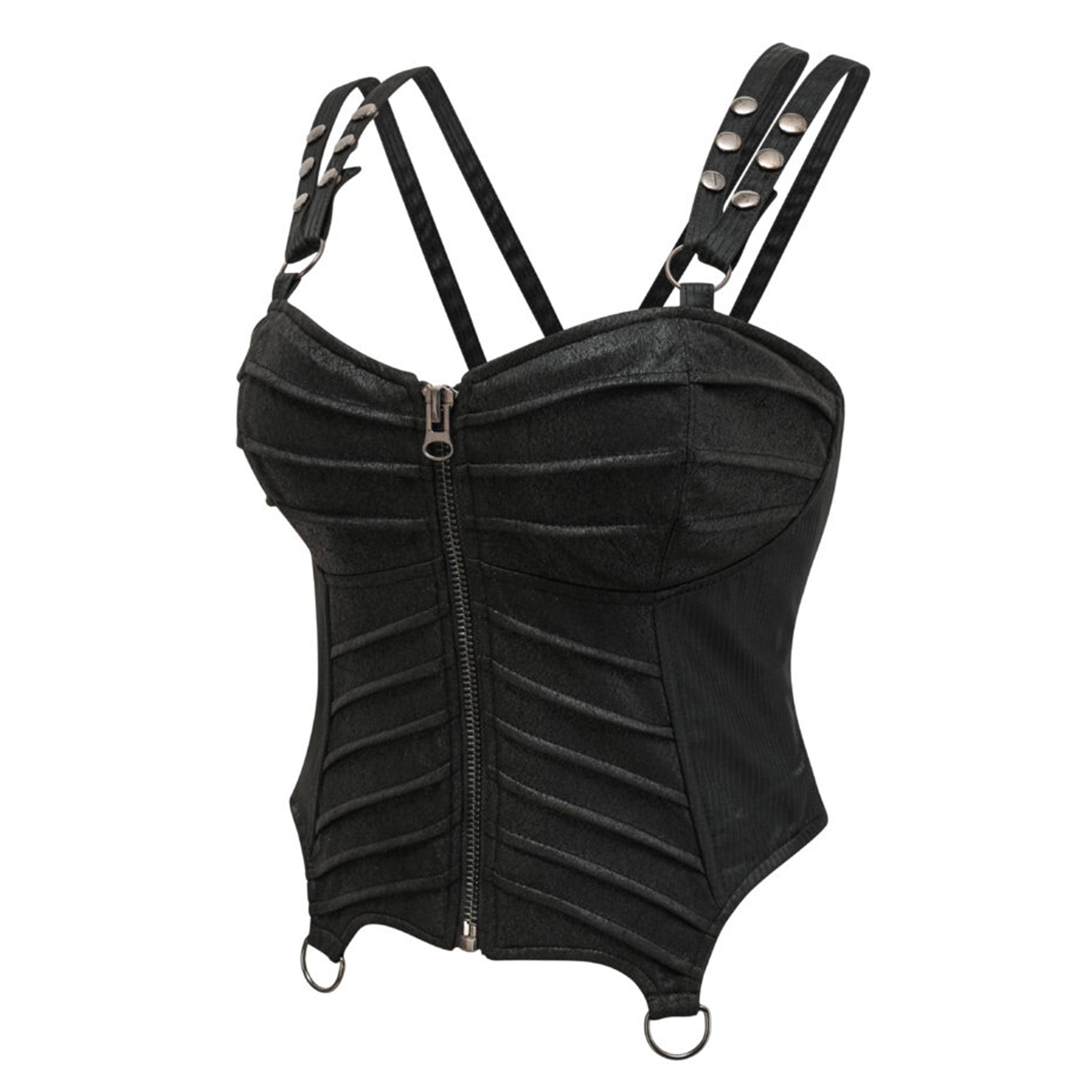 Polyester elastane cotton satin apparel top corset corselette pleated-panels static-boning lace-up back modesty-panel waist-tape pinstripes segmented-armor armor zipper chunky-zip front-zip full-zip D-ring O-ring adjustable shoulder-strap press-stud snap-button modesty-panel coated-cording bold edgy rebellious playful fierce fetish fashion alt-fashion alternative punk goth gothic cyber cyberpunk streetwear clubwear lacey-queen female femme feminine womens black