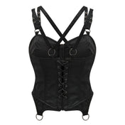 Polyester elastane cotton satin apparel top corset corselette pleated-panels static-boning lace-up back modesty-panel waist-tape pinstripes segmented-armor armor zipper chunky-zip front-zip full-zip D-ring O-ring adjustable shoulder-strap press-stud snap-button modesty-panel coated-cording bold edgy rebellious playful fierce fetish fashion alt-fashion alternative punk goth gothic cyber cyberpunk streetwear clubwear lacey-queen female femme feminine womens black