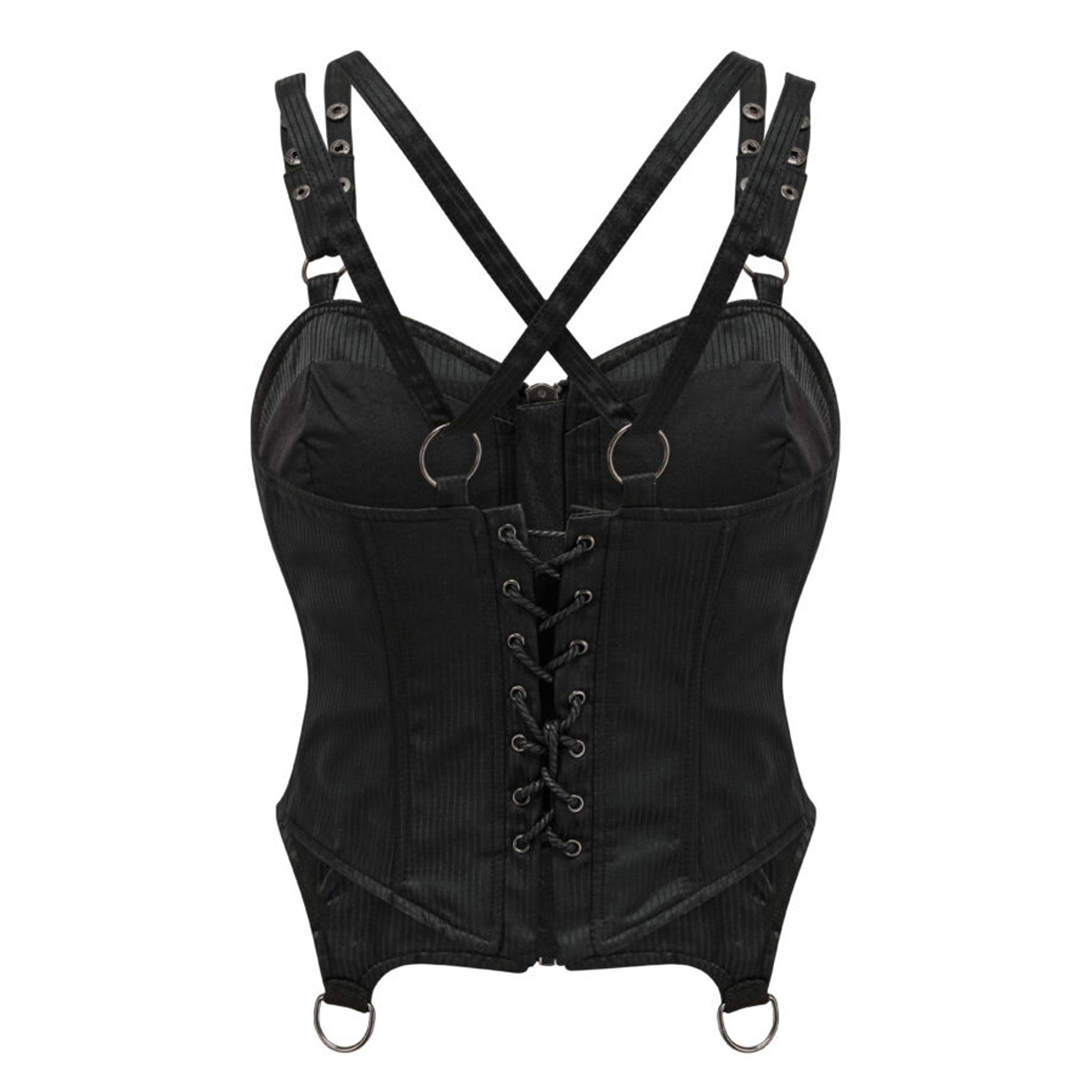 Polyester elastane cotton satin apparel top corset corselette pleated-panels static-boning lace-up back modesty-panel waist-tape pinstripes segmented-armor armor zipper chunky-zip front-zip full-zip D-ring O-ring adjustable shoulder-strap press-stud snap-button modesty-panel coated-cording bold edgy rebellious playful fierce fetish fashion alt-fashion alternative punk goth gothic cyber cyberpunk streetwear clubwear lacey-queen female femme feminine womens black