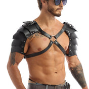 Leather faux-leather PU metallic-alloy grommets accessories top harness chest-harness shoulder-armor pauldron segmented O-ring x-shaped riveted adjustable buckle shiny matte-glossy comfortable lightweight breathable medieval renfaire renaissance festival fantasy parties roleplay role-play uniform warrior gladiator viking costume cosplay halloween halloween-costumes halloween-accessories male masculine masc mens menswear guys dudes lgbtq gay pride unisex black
