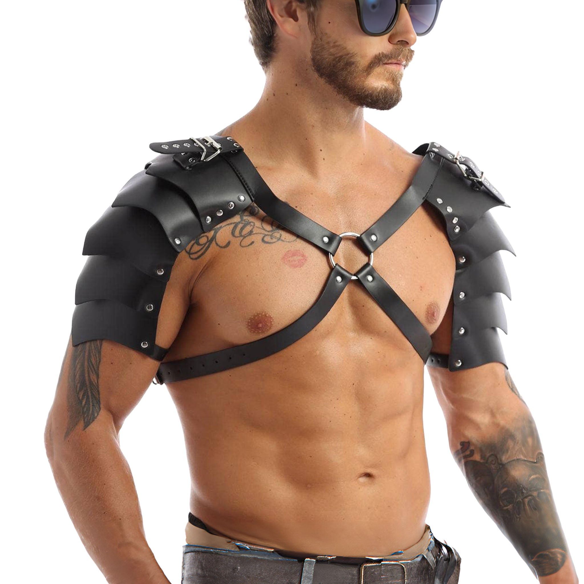 Leather faux-leather PU metallic-alloy grommets accessories top harness chest-harness shoulder-armor pauldron segmented O-ring x-shaped riveted adjustable buckle shiny matte-glossy comfortable lightweight breathable medieval renfaire renaissance festival fantasy parties roleplay role-play uniform warrior gladiator viking costume cosplay halloween halloween-costumes halloween-accessories male masculine masc mens menswear guys dudes lgbtq gay pride unisex black