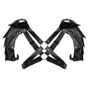 Leather faux-leather PU metallic-alloy grommets accessories top harness chest-harness shoulder-armor pauldron segmented O-ring x-shaped riveted adjustable buckle shiny matte-glossy comfortable lightweight breathable medieval renfaire renaissance festival fantasy parties roleplay role-play uniform warrior gladiator viking costume cosplay halloween halloween-costumes halloween-accessories male masculine masc mens menswear guys dudes lgbtq gay pride unisex black