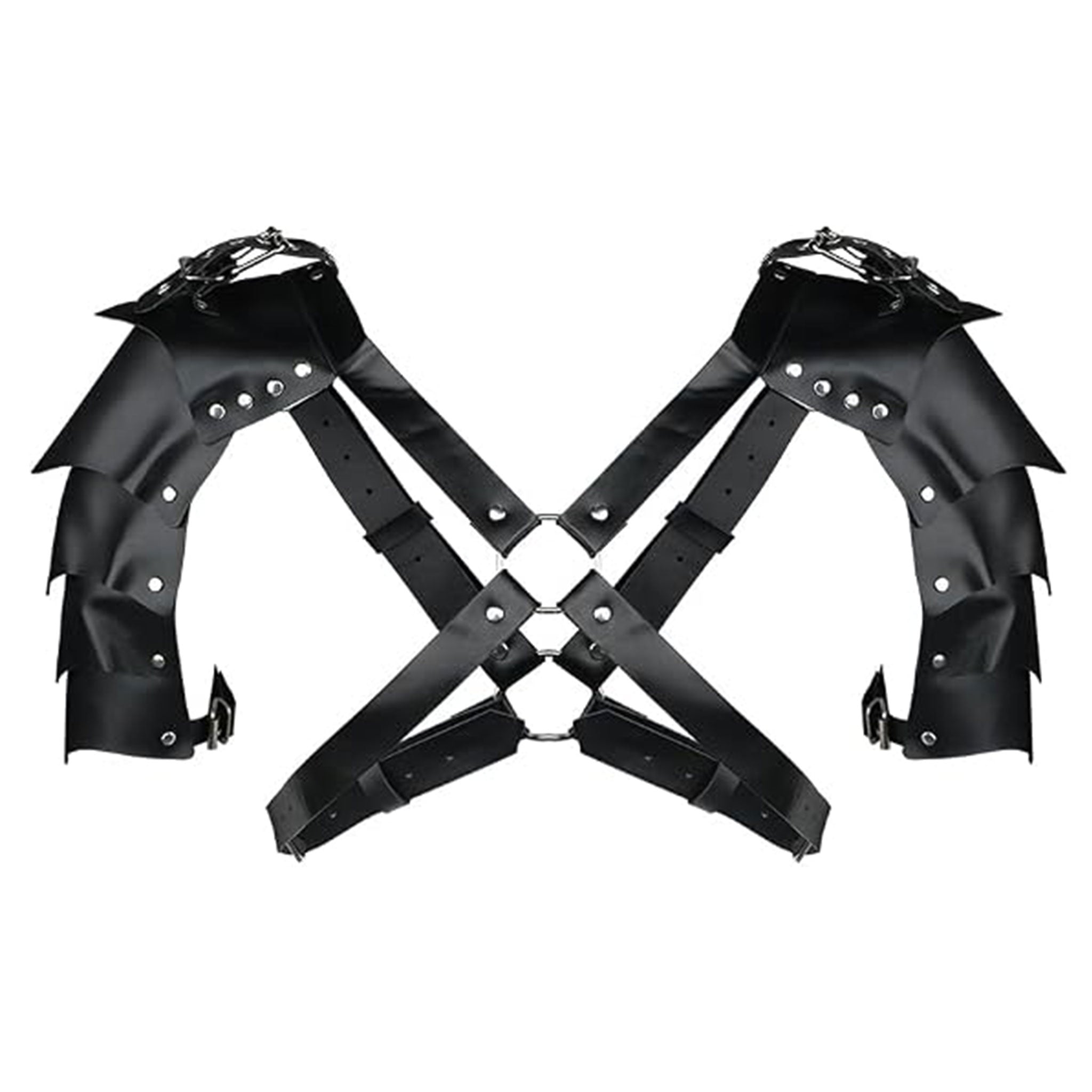Leather faux-leather PU metallic-alloy grommets accessories top harness chest-harness shoulder-armor pauldron segmented O-ring x-shaped riveted adjustable buckle shiny matte-glossy comfortable lightweight breathable medieval renfaire renaissance festival fantasy parties roleplay role-play uniform warrior gladiator viking costume cosplay halloween halloween-costumes halloween-accessories male masculine masc mens menswear guys dudes lgbtq gay pride unisex black