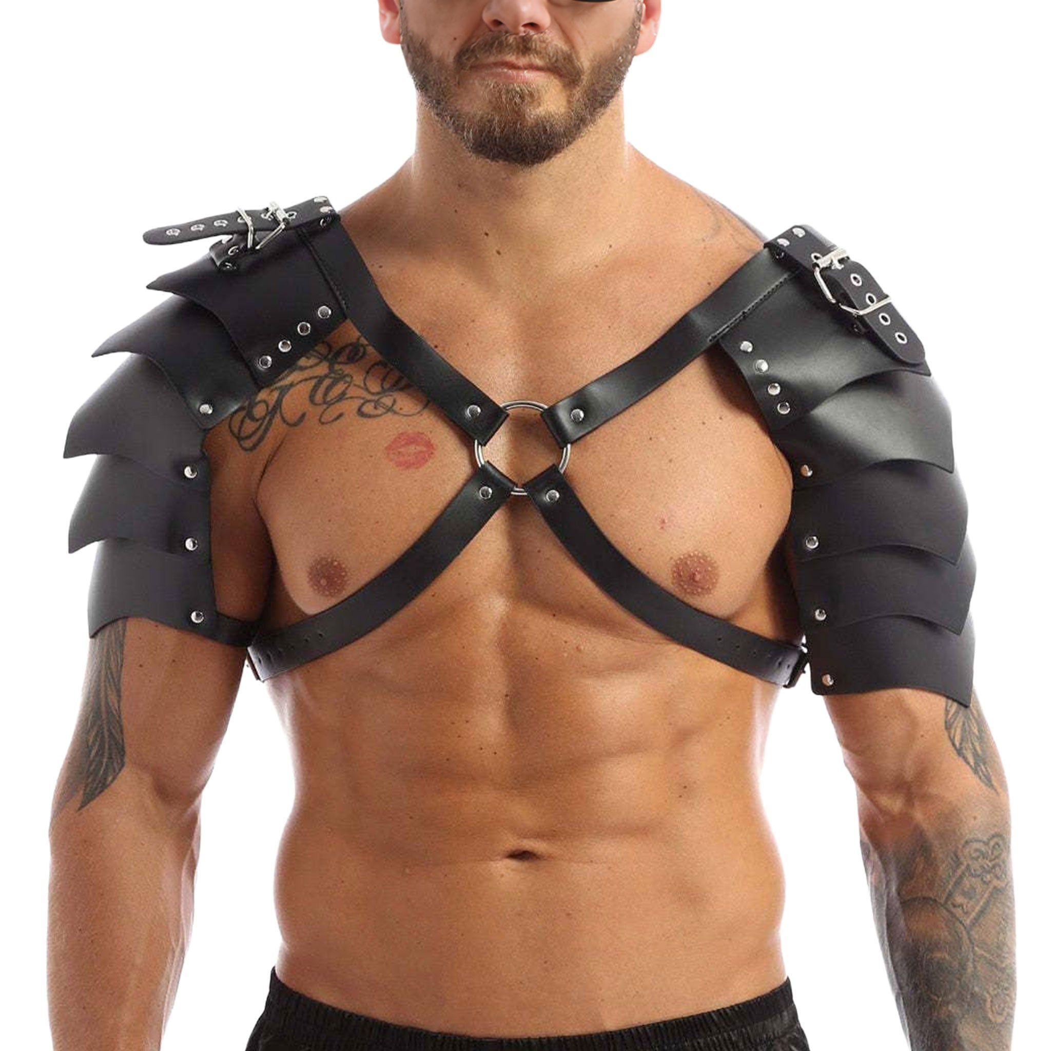 Leather faux-leather PU metallic-alloy grommets accessories top harness chest-harness shoulder-armor pauldron segmented O-ring x-shaped riveted adjustable buckle shiny matte-glossy comfortable lightweight breathable medieval renfaire renaissance festival fantasy parties roleplay role-play uniform warrior gladiator viking costume cosplay halloween halloween-costumes halloween-accessories male masculine masc mens menswear guys dudes lgbtq gay pride unisex black