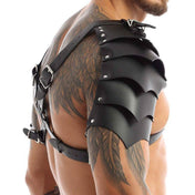Leather faux-leather PU metallic-alloy grommets accessories top harness chest-harness shoulder-armor pauldron segmented O-ring x-shaped riveted adjustable buckle shiny matte-glossy comfortable lightweight breathable medieval renfaire renaissance festival fantasy parties roleplay role-play uniform warrior gladiator viking costume cosplay halloween halloween-costumes halloween-accessories male masculine masc mens menswear guys dudes lgbtq gay pride unisex black